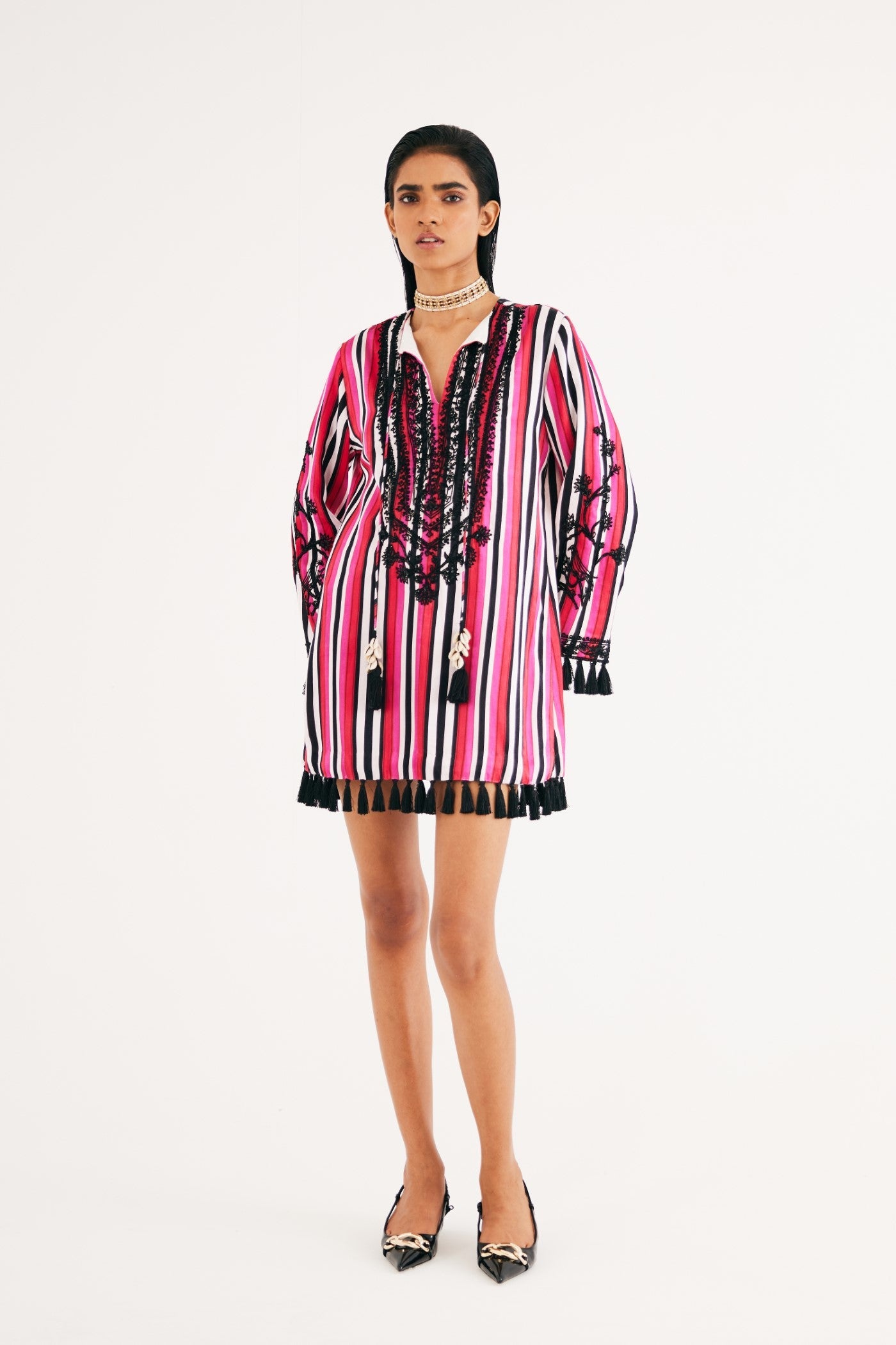 Rani pink Stripe Mashroo Satin Embroidered Tunic and Black Narrow Pants, Black Silk Velvet Narrow Pants, Mashru cotton satin fabric, Flared sleeves with tassels Hand embroidered with sequins, Tassle at sleeves, BeTrue, Be True
