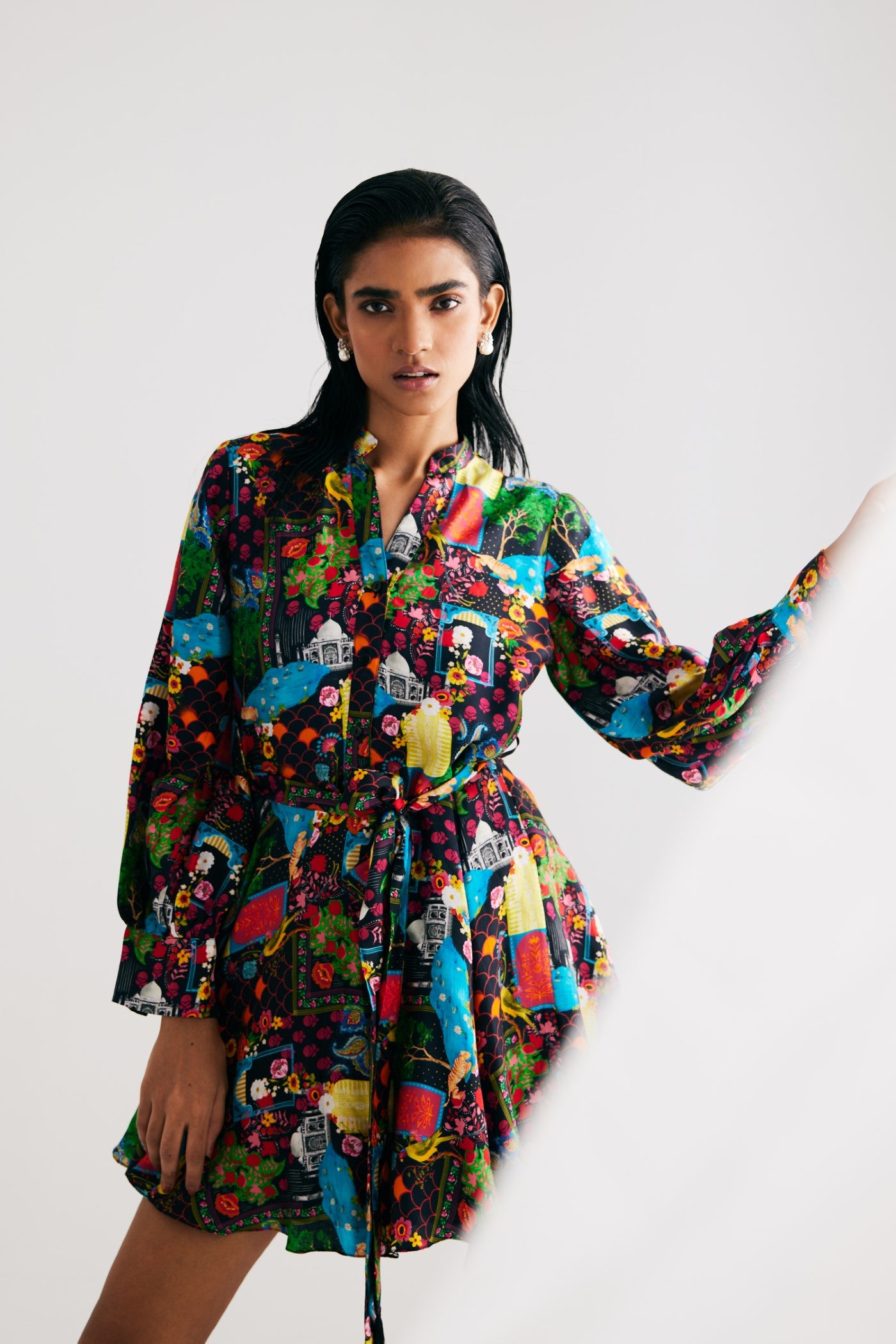 Black India Print Satin Silk Short Dress