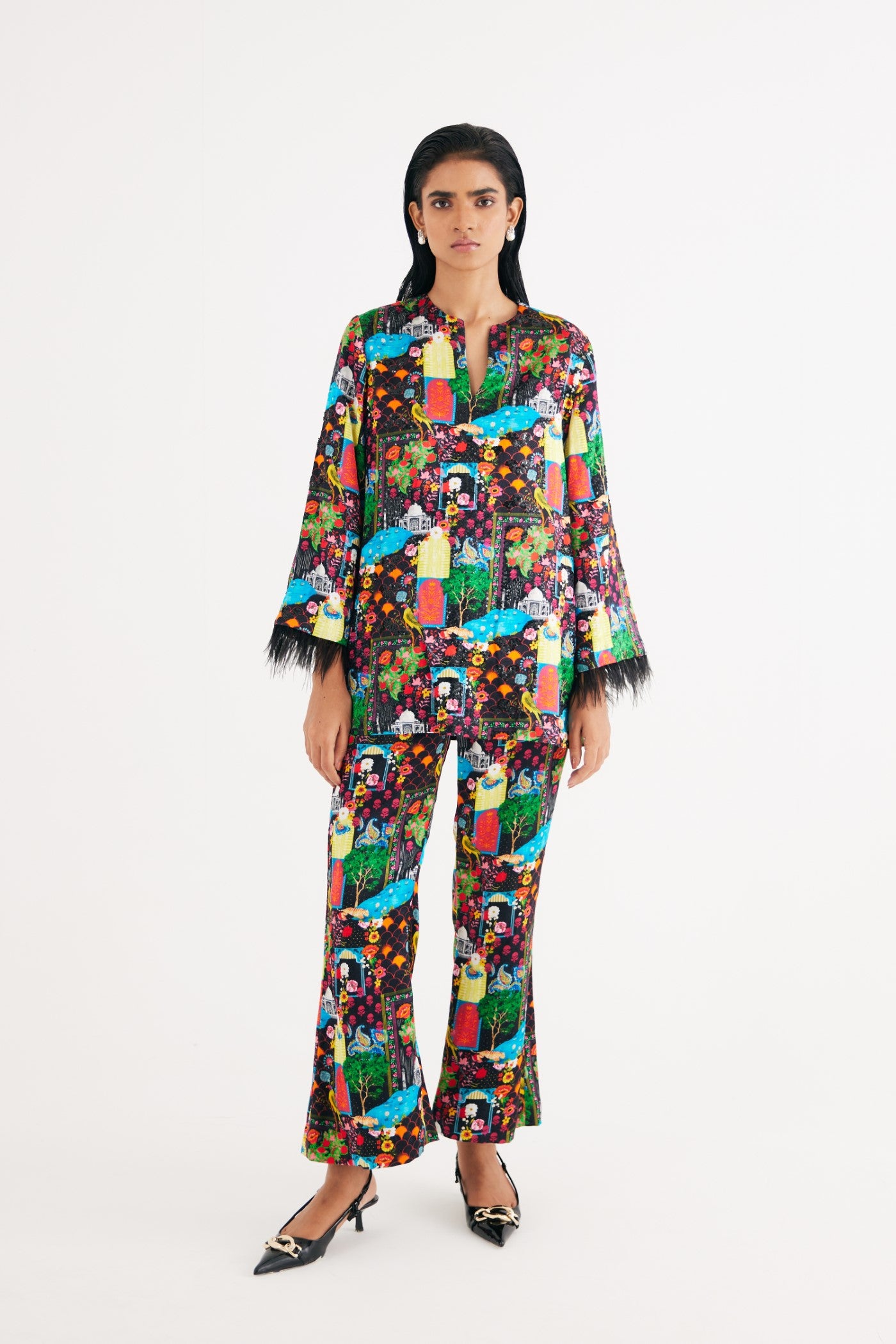 Black India Print Hand Embroidered kurta