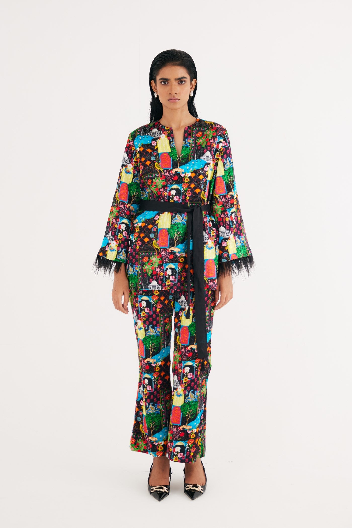 Black India Print Hand Embroidered kurta