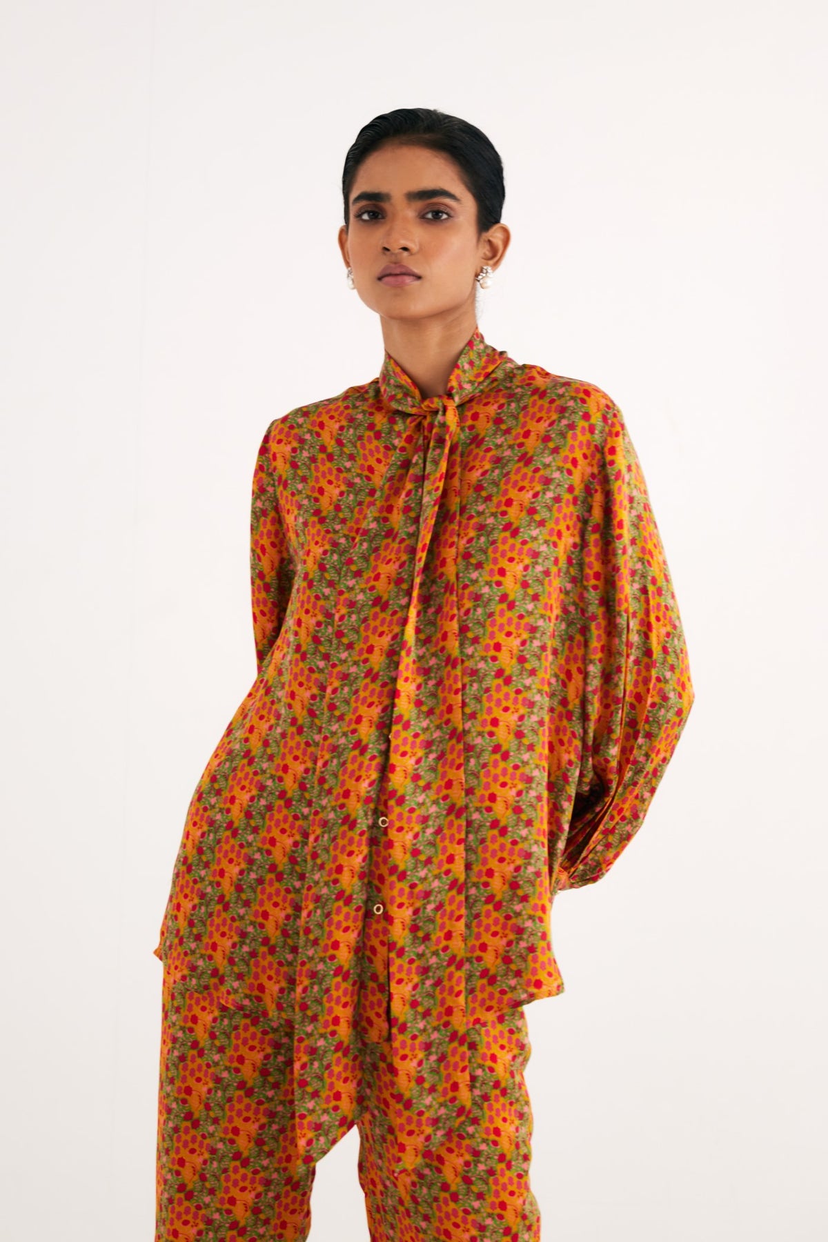 Indian Yellow Satin Silk Printed Shirt and Straight Pants, Indian Yellow Floral Print Satin Silk Straight Pants, Manderian collar style with extended tieup, BeTrue, Be True