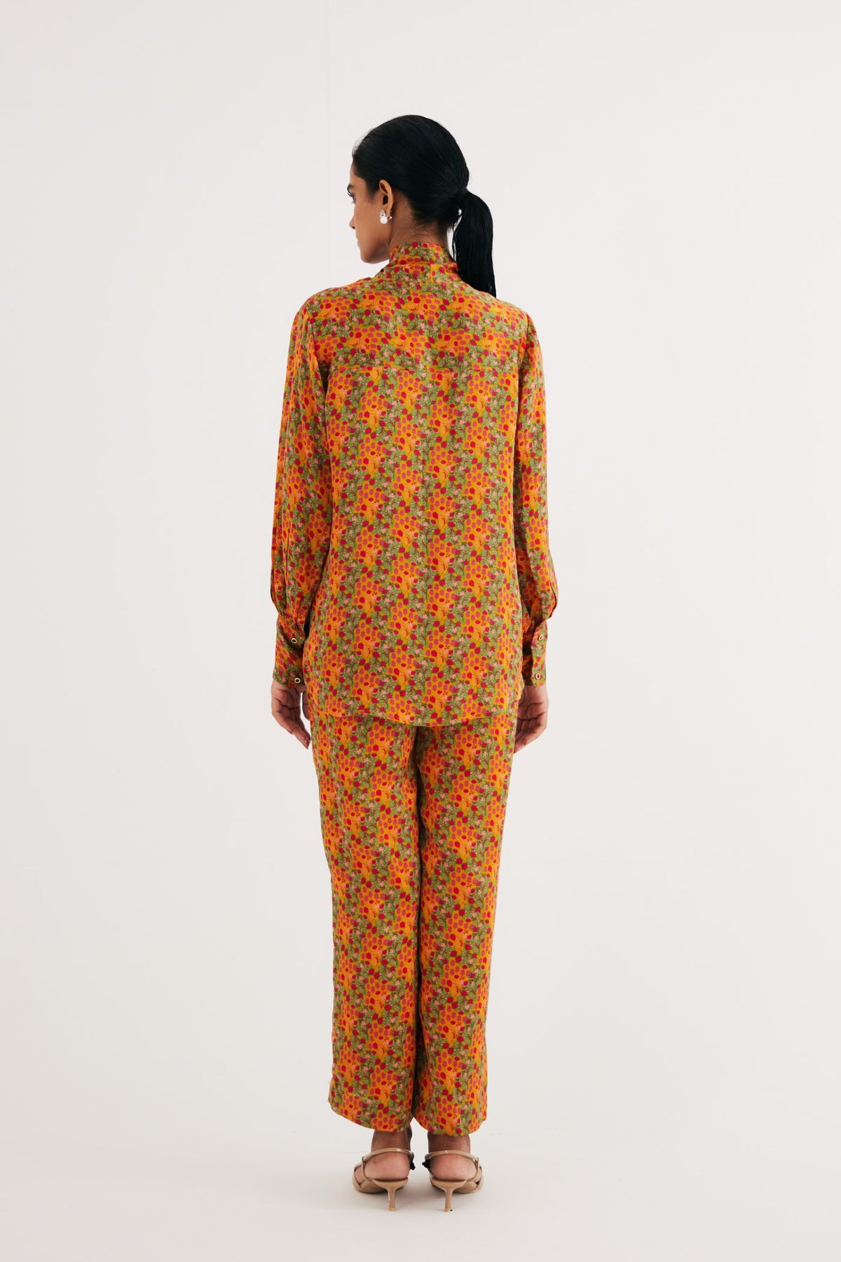 Indian Yellow Satin Silk Printed Shirt and Straight Pants, Indian Yellow Floral Print Satin Silk Straight Pants, Manderian collar style with extended tieup, BeTrue, Be True