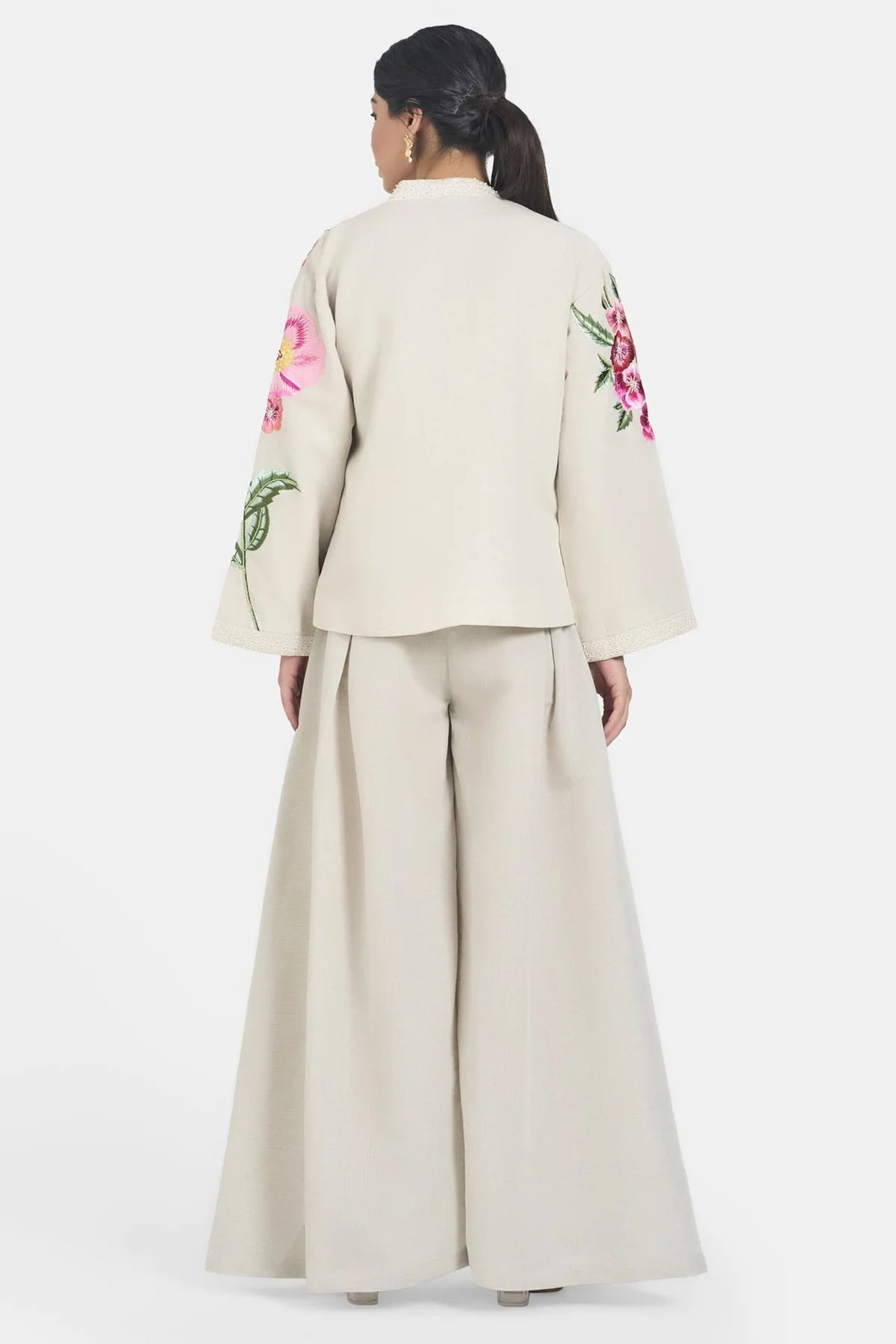 Beige Linen Embroidery Floral Jacket Set