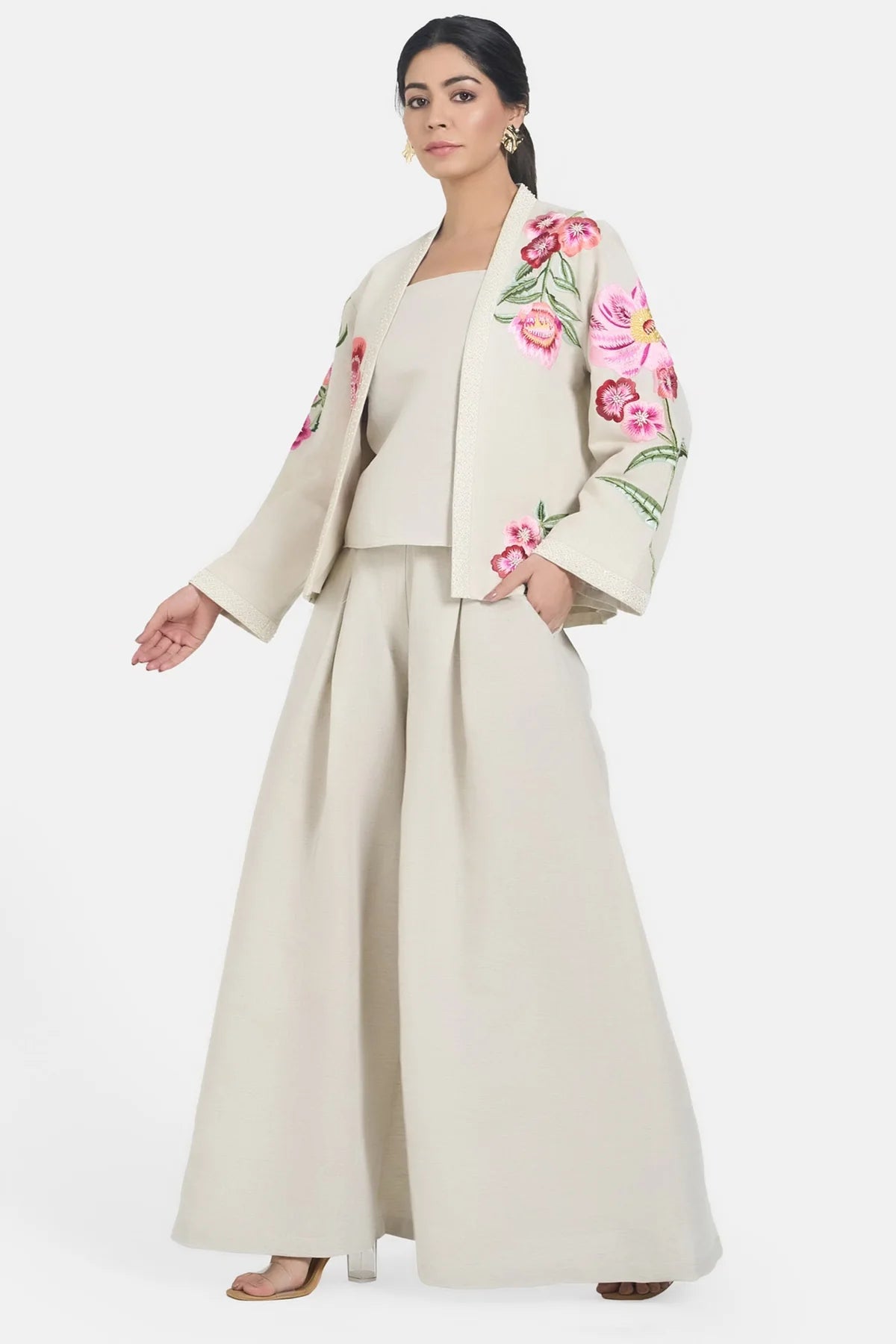 Beige Linen Embroidery Floral Jacket Set