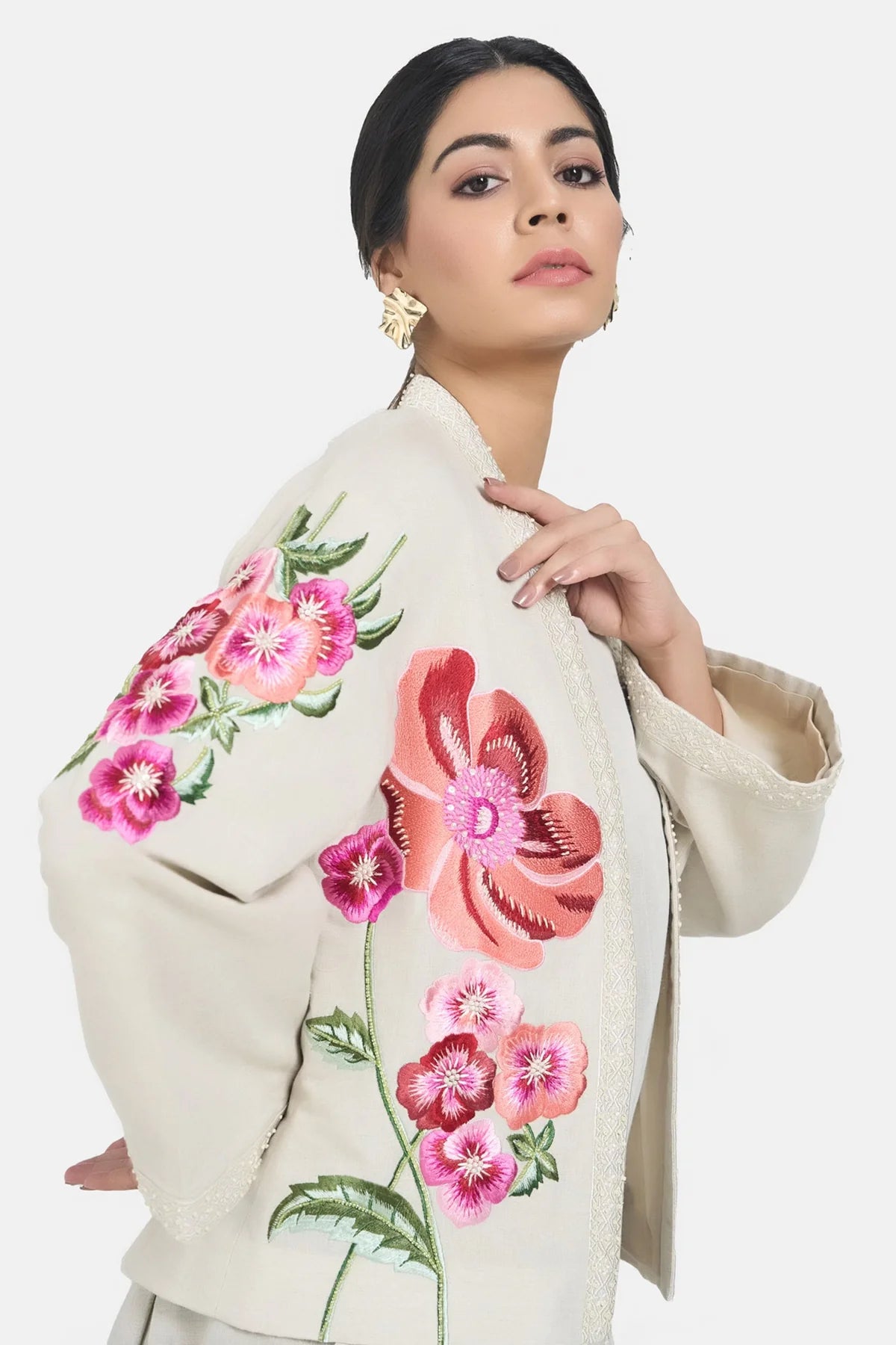 Beige Linen Embroidery Floral Jacket Set