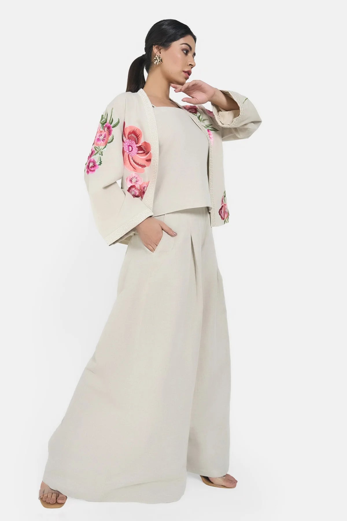 Beige Linen Embroidery Floral Jacket Set