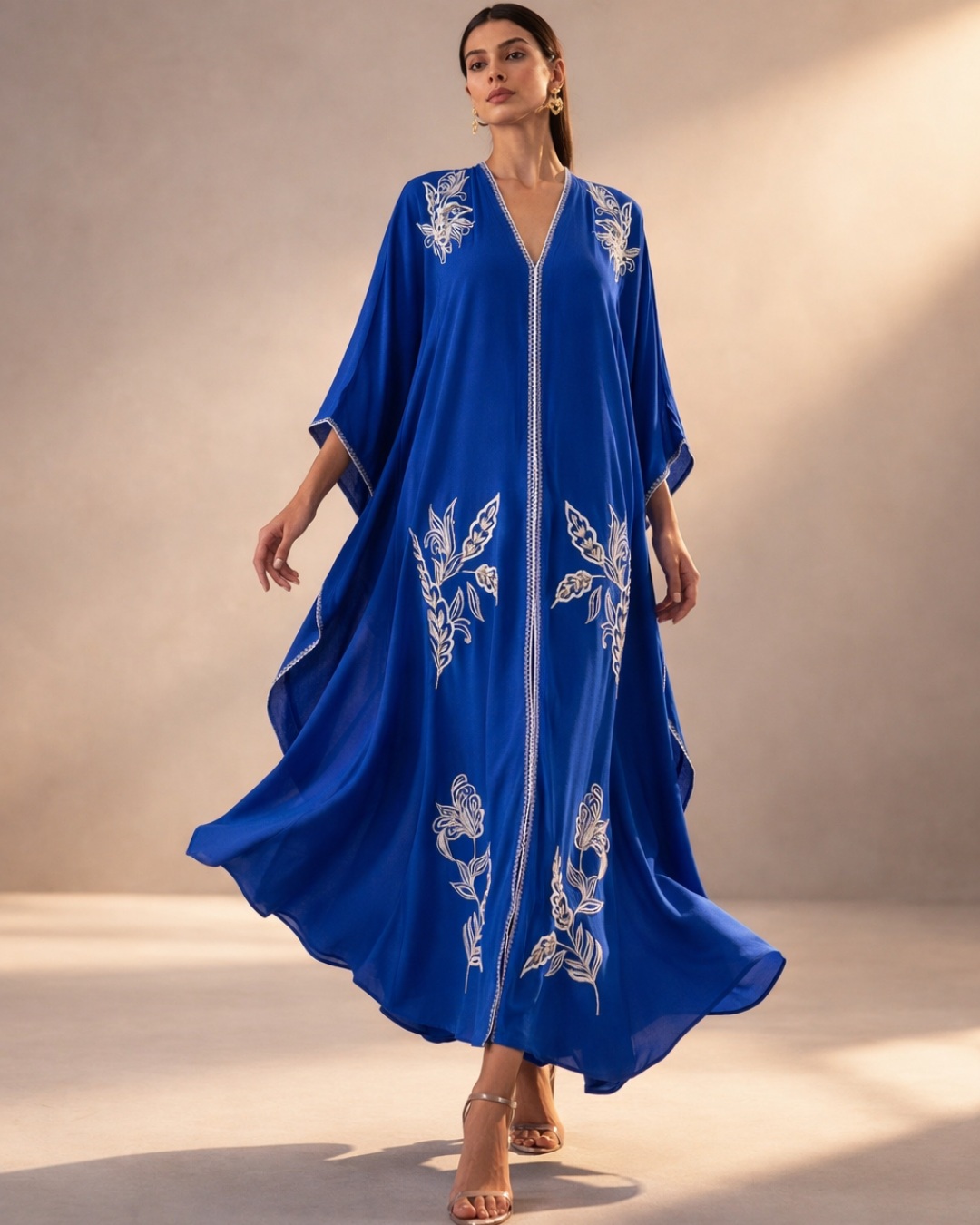 Silk hand emroidered cape sleeve dress