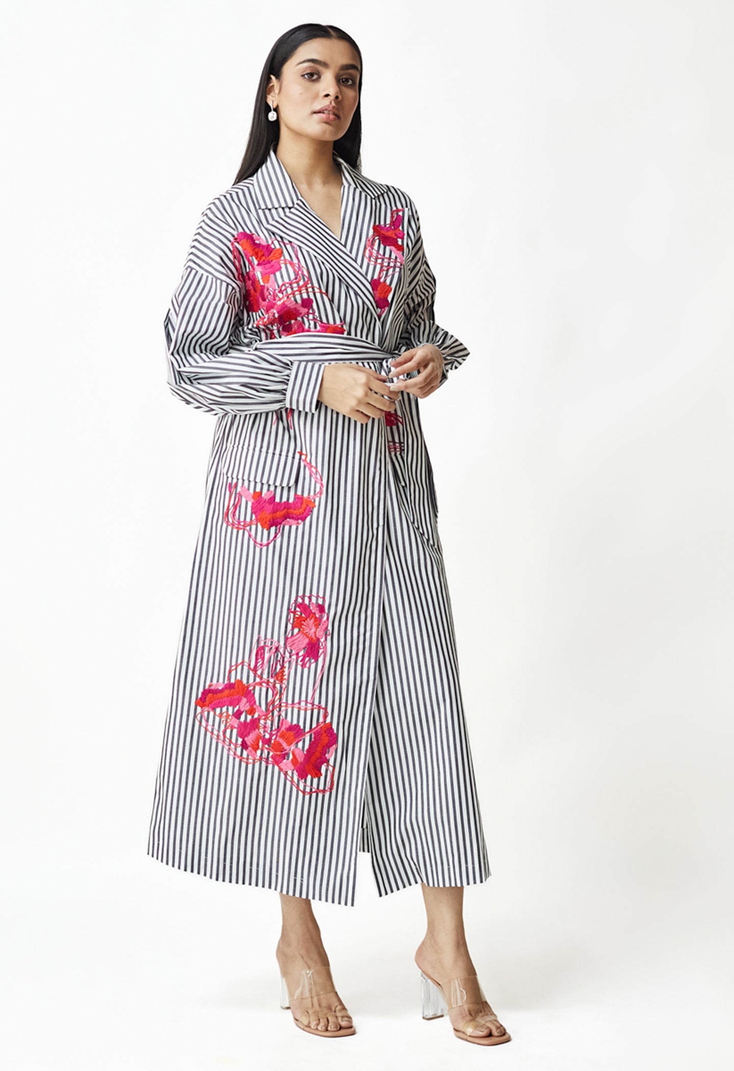 White & Black Stripe Embroidered Jacket Dress