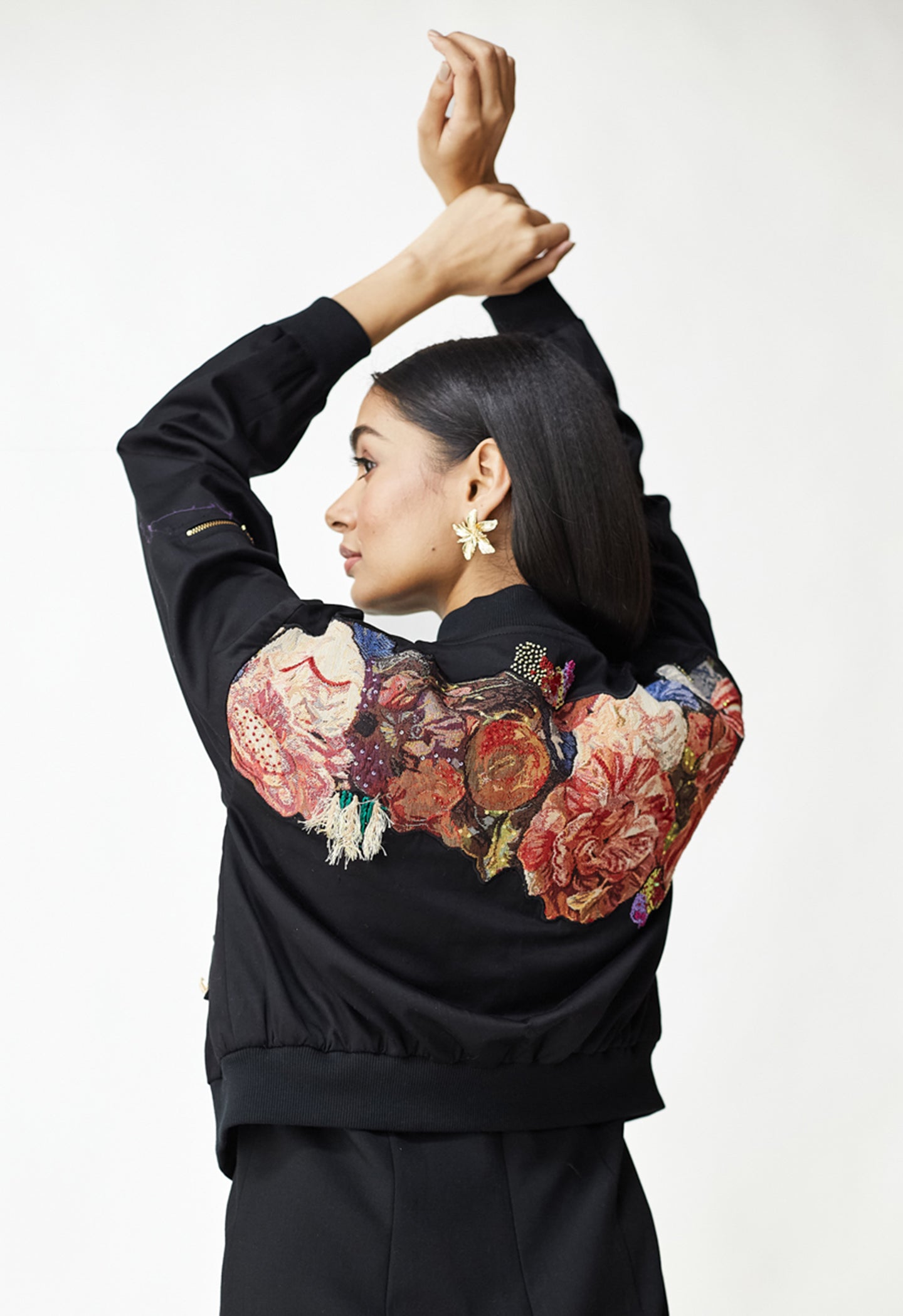 Black Chic Pattern Work Cotton Bomber Jacket