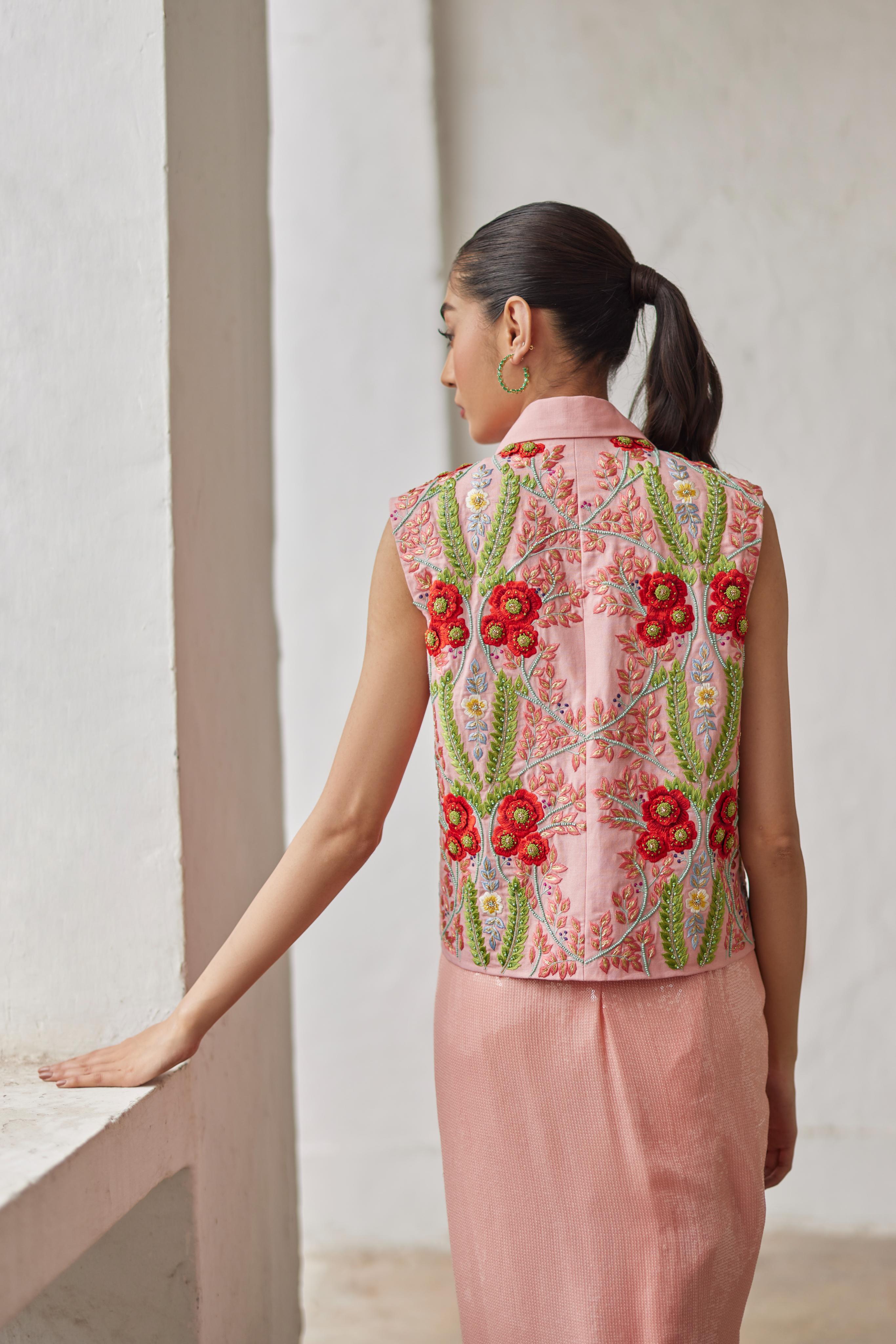 Peach Sequins Skirt & Waistcoat Set