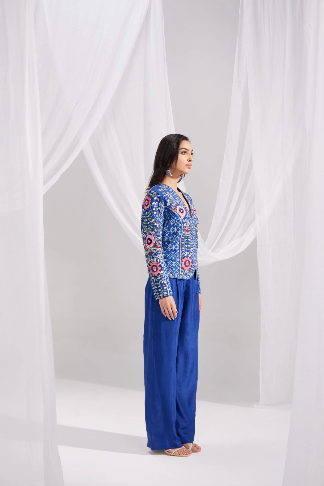 Royal Blue Gardenia Short Embroidered Silk Jacket Set