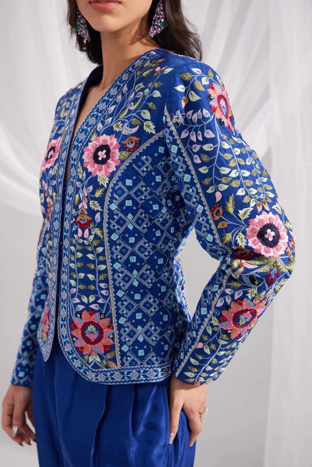 Royal Blue Gardenia Short Embroidered Silk Jacket Set
