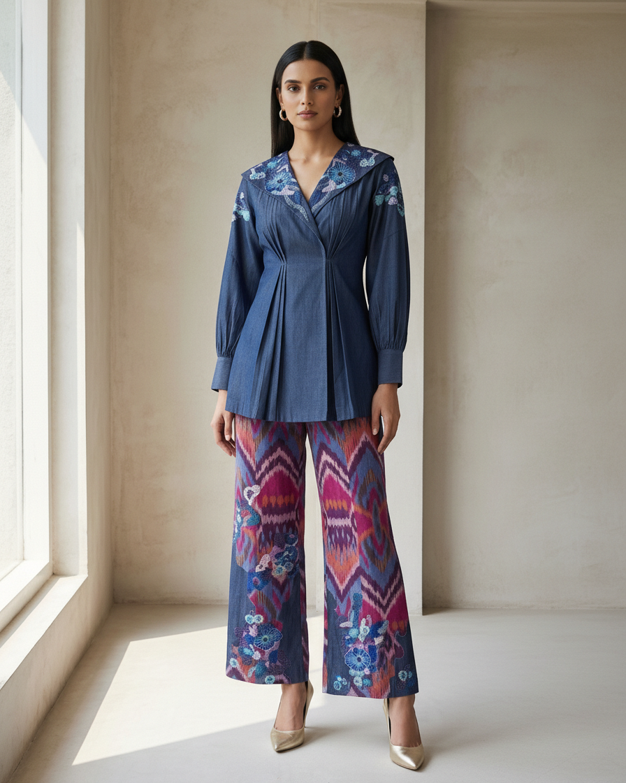 Hand-loom ikkat hand embroidered pants