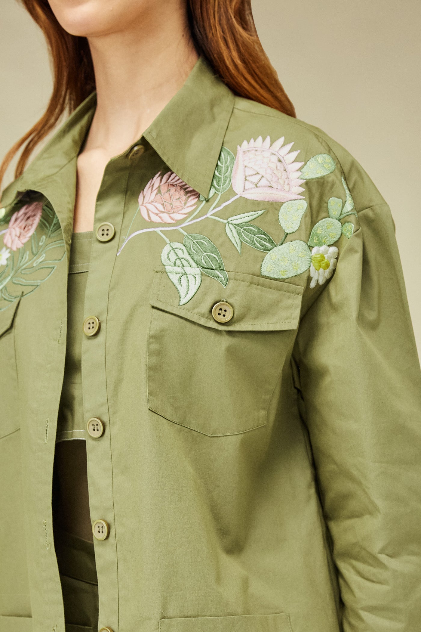 Women Clothing floral green oversized khaki shirt