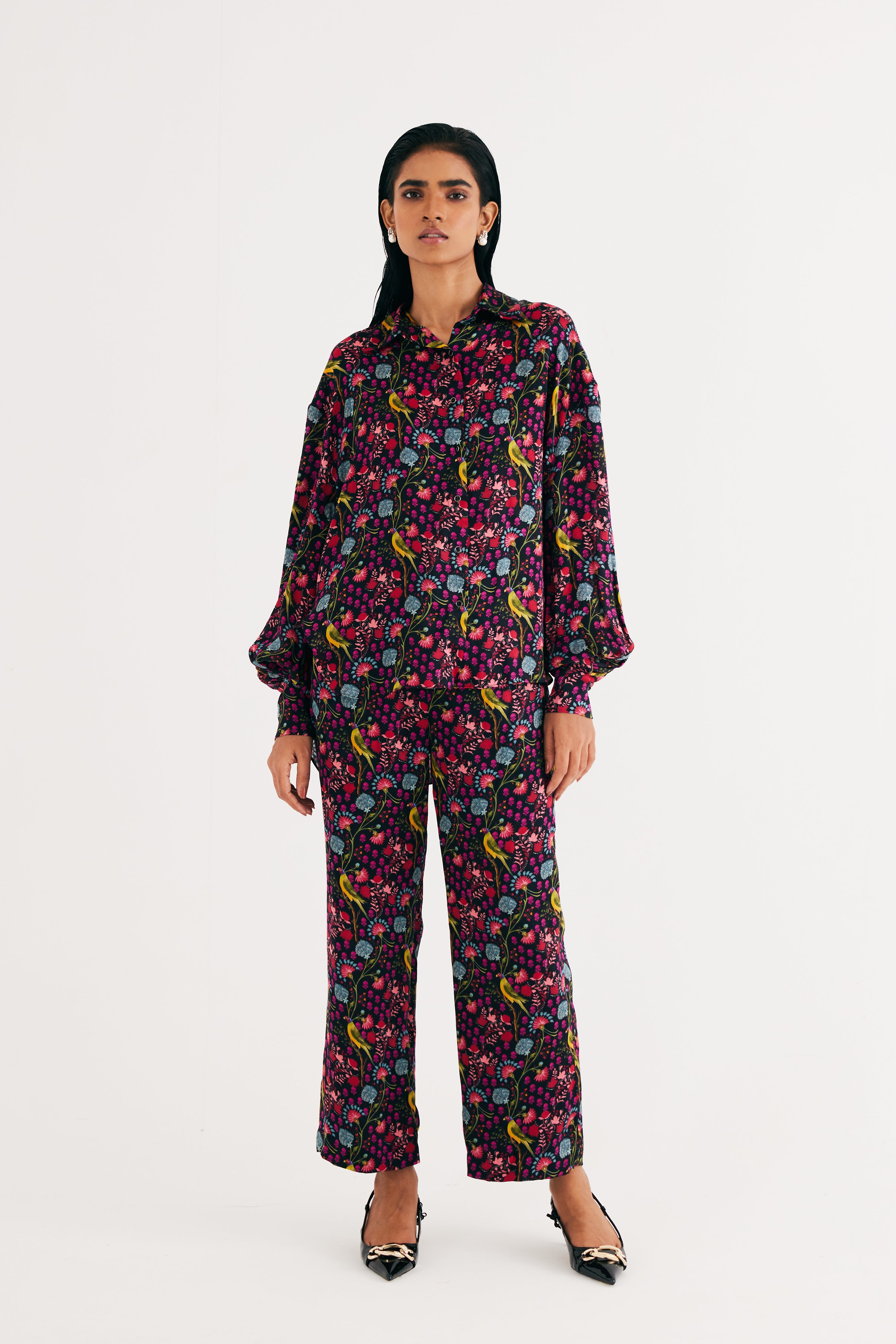 Black Parrot Print Silk Shirt