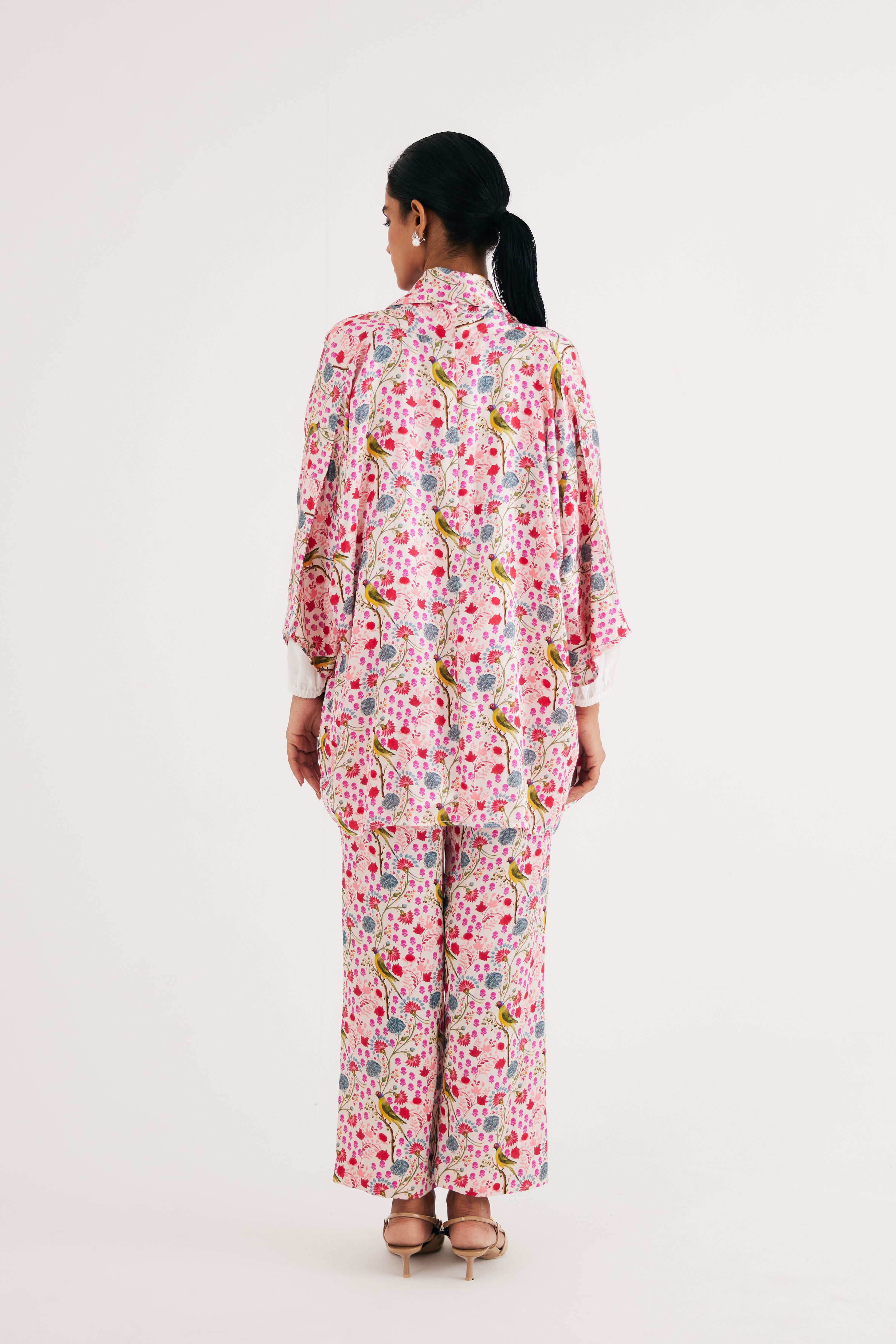 White Parrot Print Mashroo Satin Cape & Pant Set