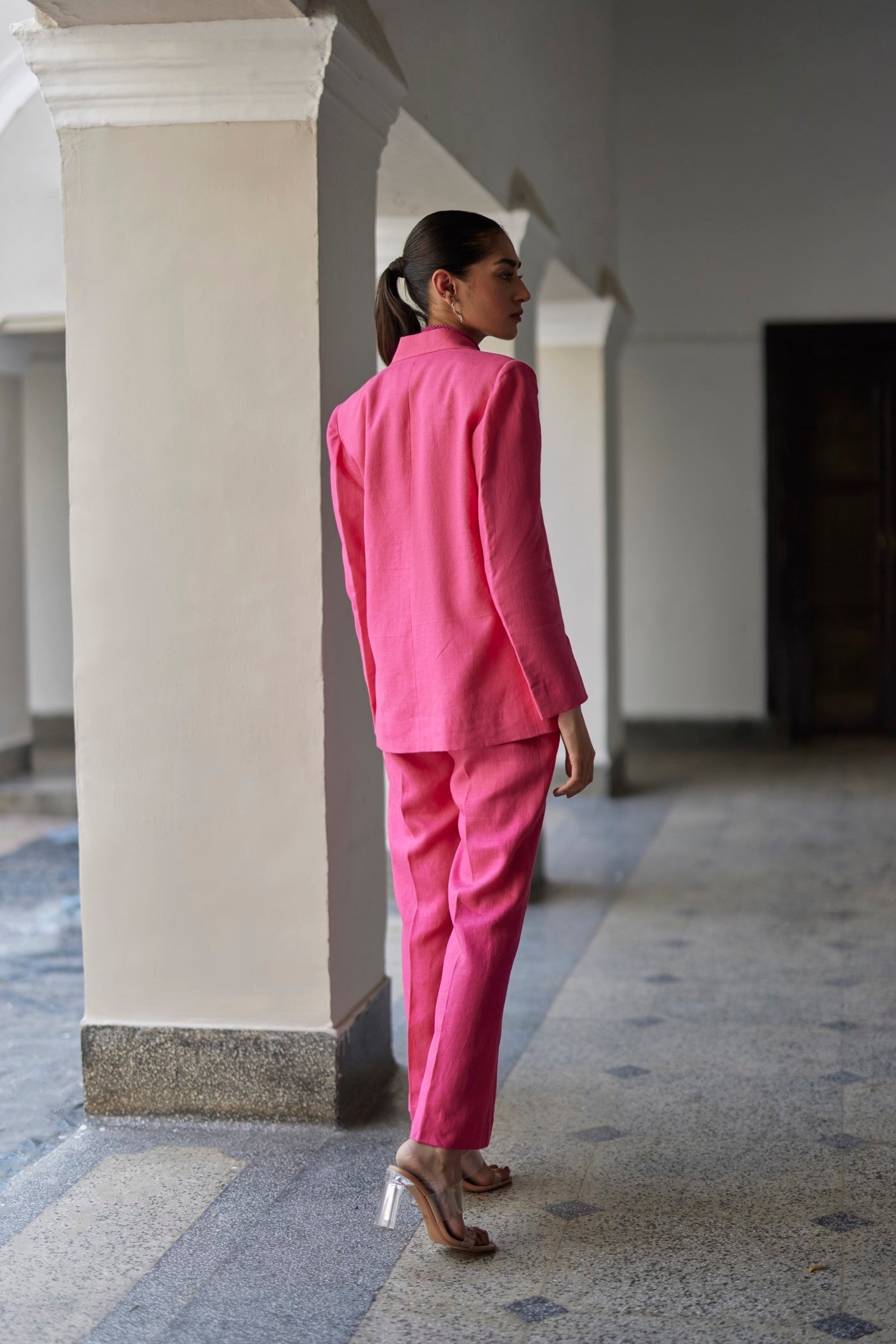 Pink Coronation Linen Jacket Set, Front open with double breasted style, Jacket has four handmade colourful hand embroidered buttons, BeTrue, Be True