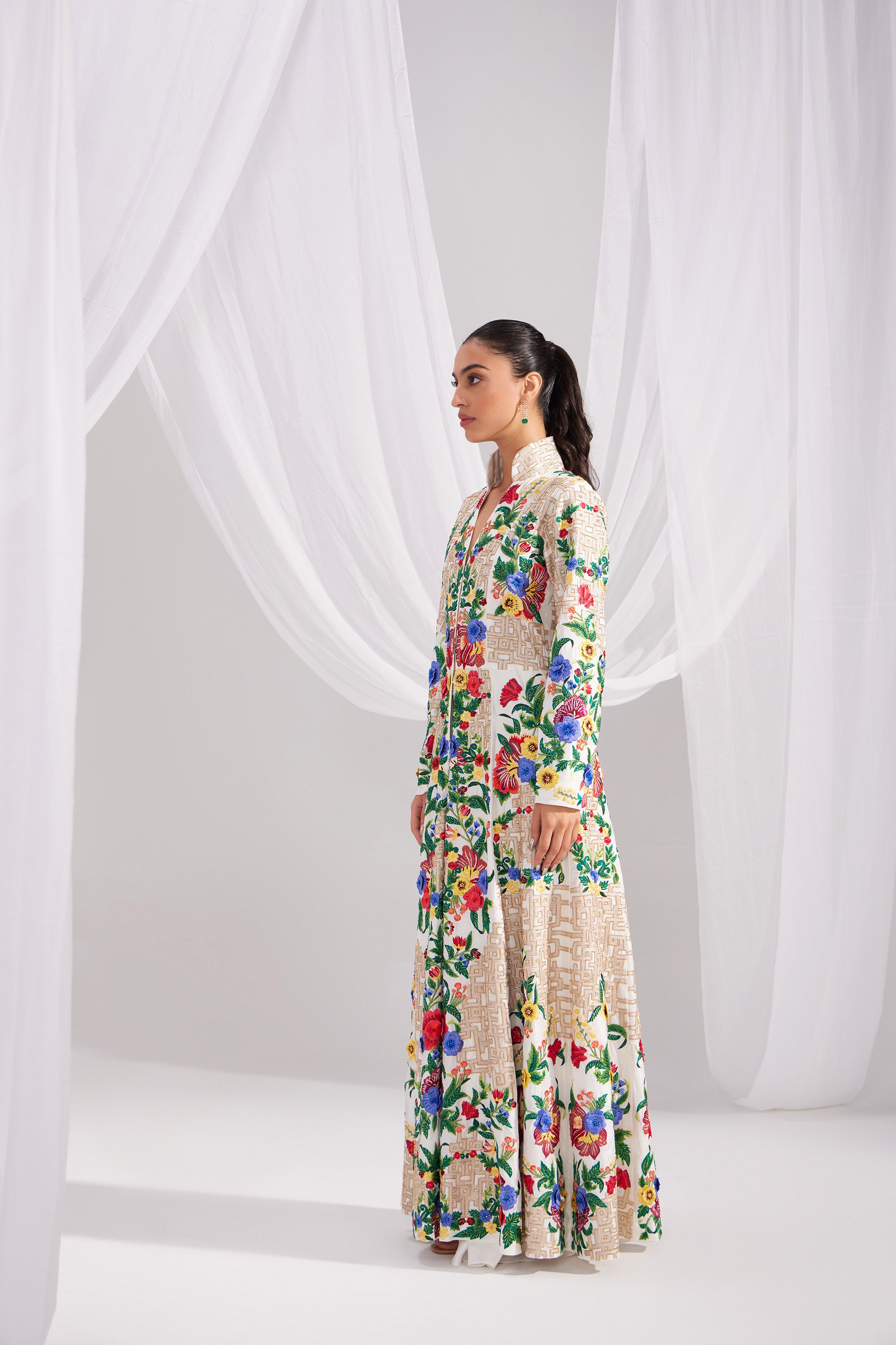 White Imperial Long Embroidered Jacket Dress