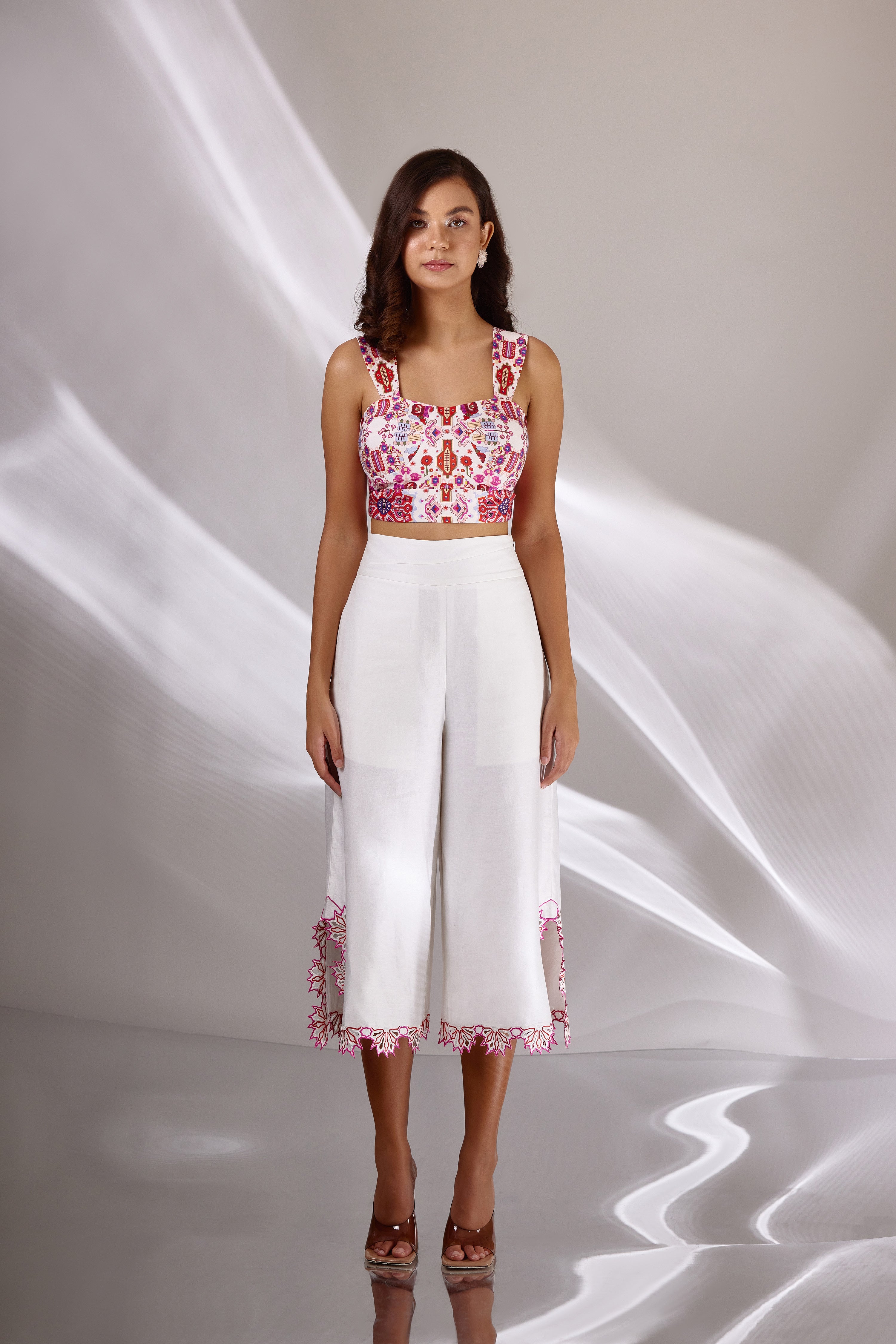 White Chanderi Silk Embroidered Short Cape & Culottes Set