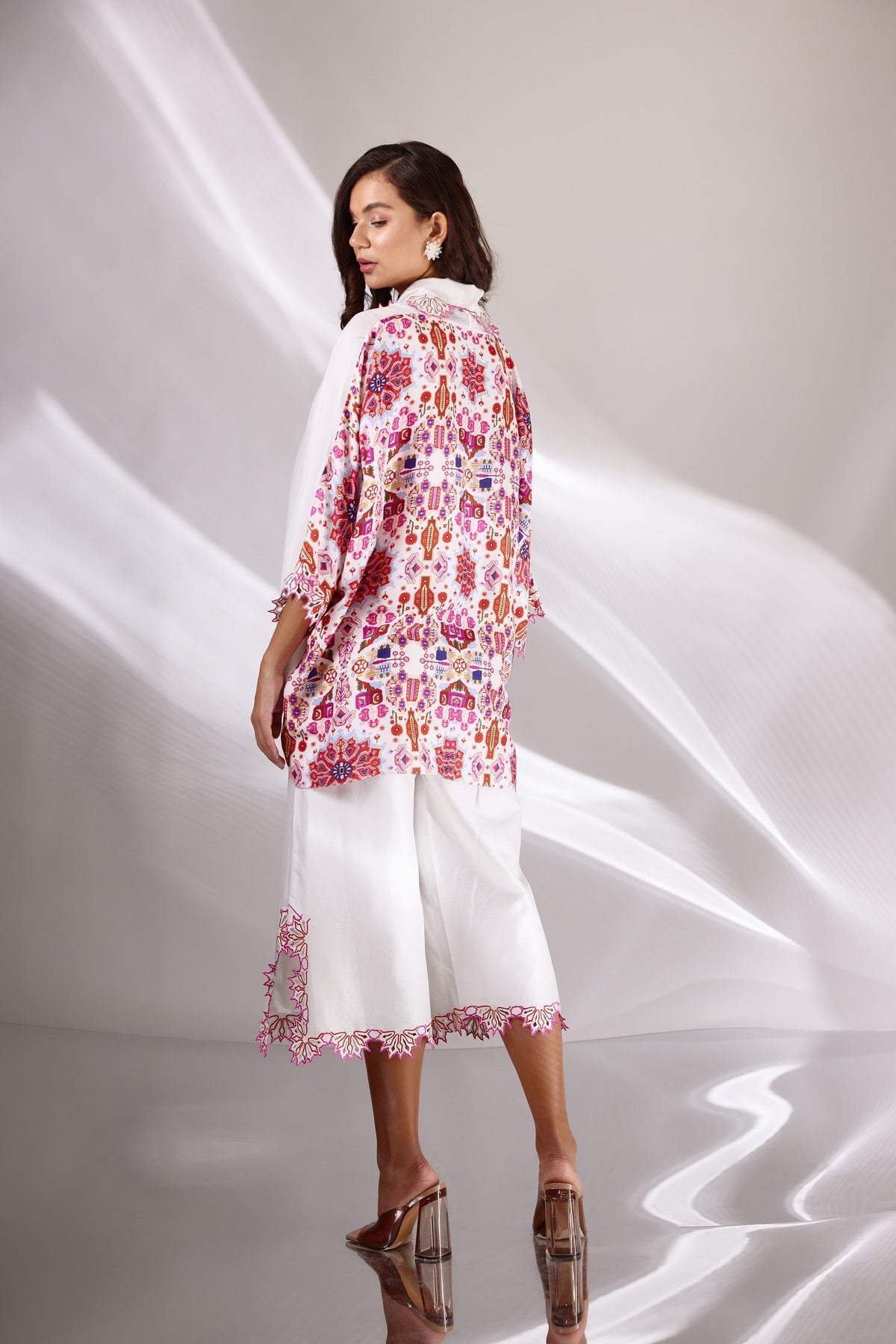 White Chanderi Silk Embroidered Short Cape & Culottes Set