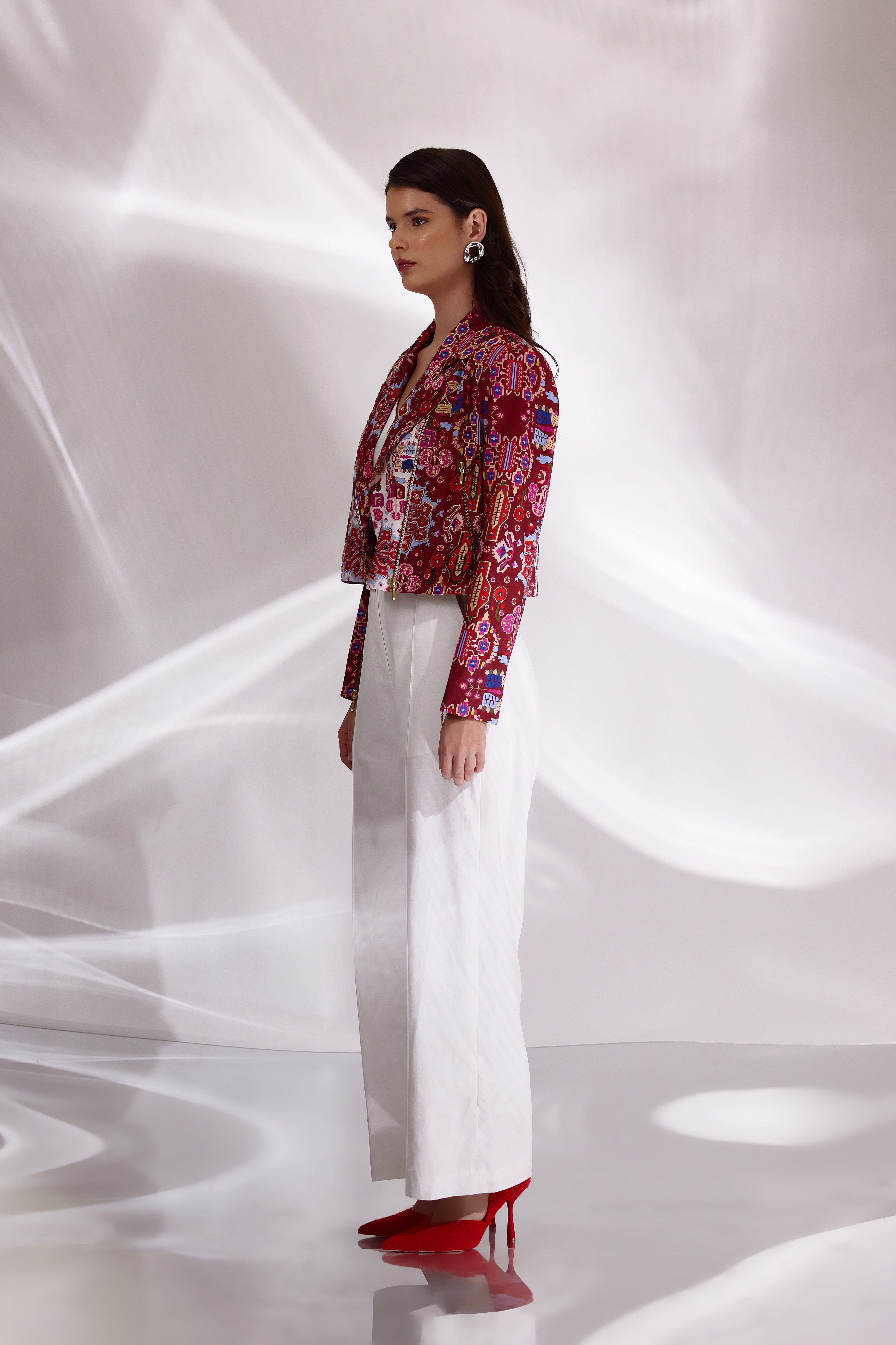 Kashan White And Red Print Hand Embroidered Biker Jacket In Handloom Organic Cotton And Banana Silk, BeTrue, Be True