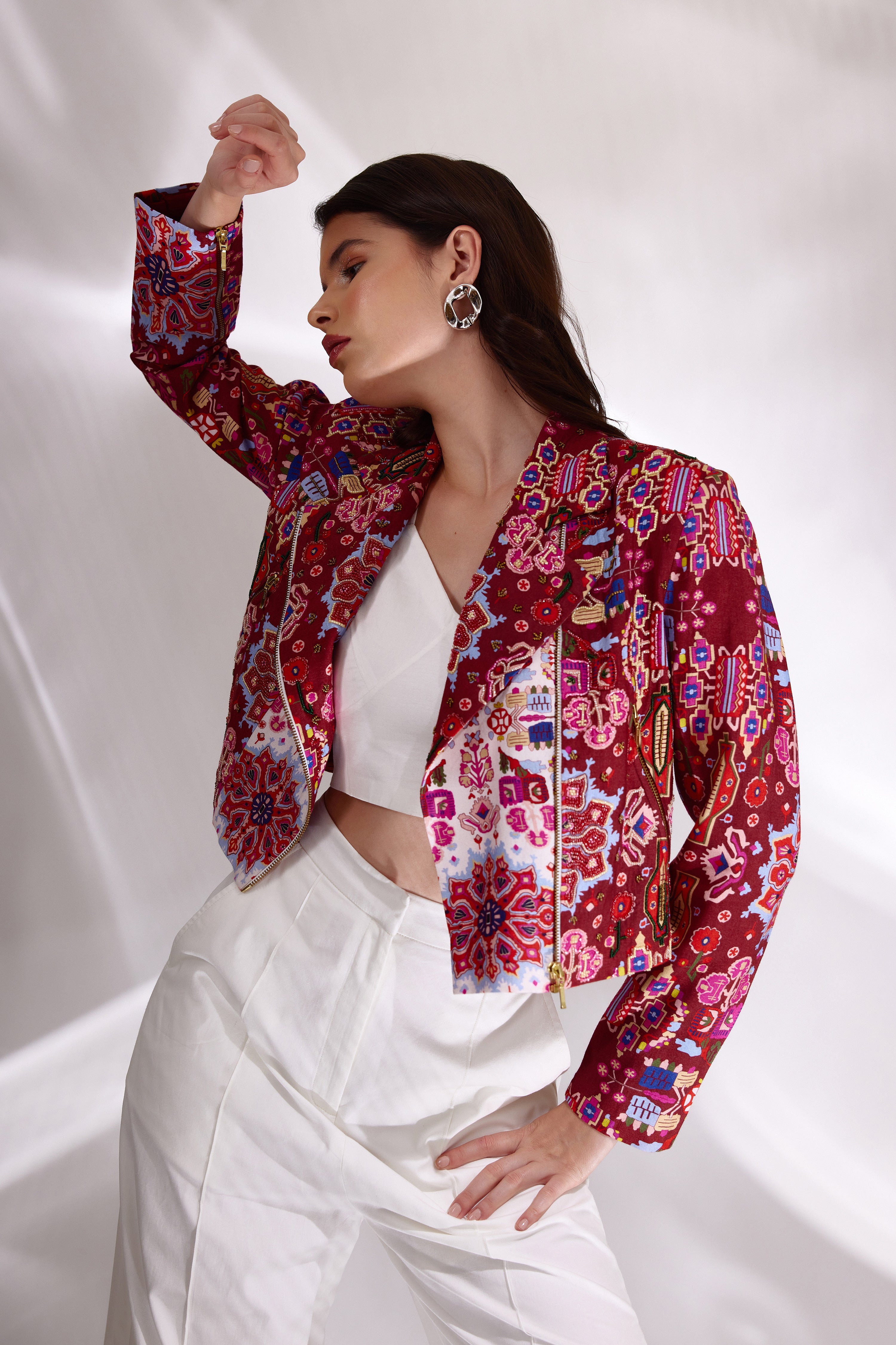 Kashan White And Red Print Hand Embroidered Biker Jacket In Handloom Organic Cotton And Banana Silk, BeTrue, Be True