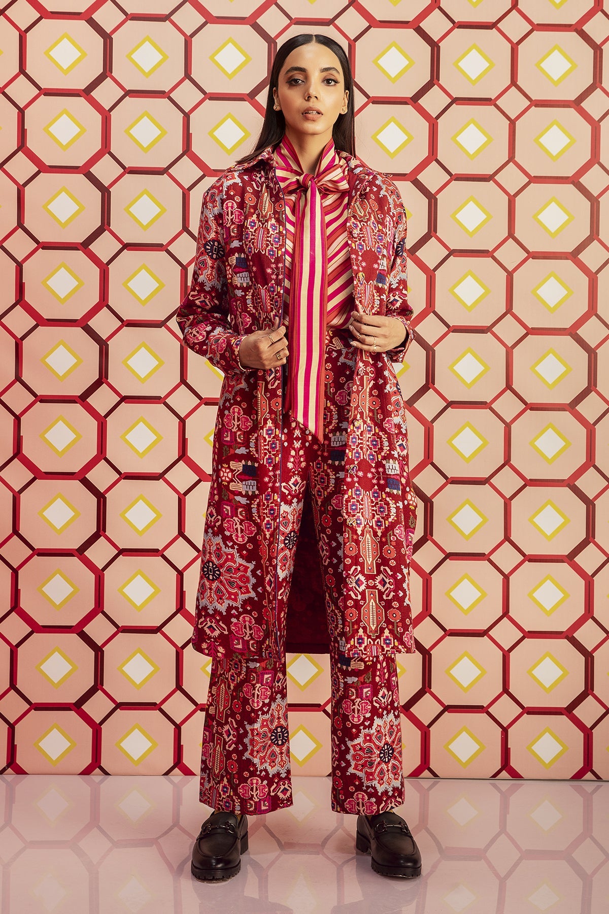 Kashan Red Print Hand Embroidered Long Shirt & Pants in Handloom Organic Herringbone Cotton, BeTrue, Be True