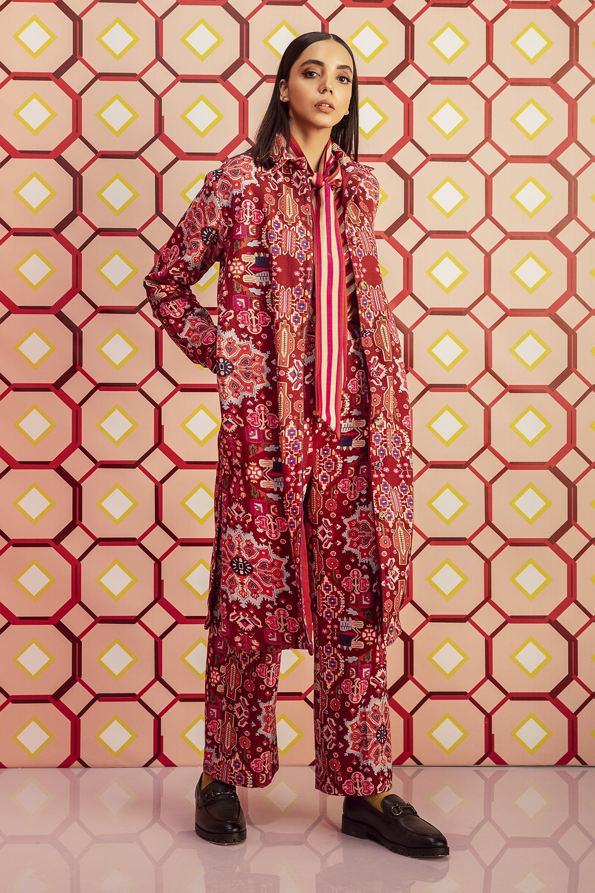 Kashan Red Print Hand Embroidered Long Shirt & Pants in Handloom Organic Herringbone Cotton, BeTrue, Be True