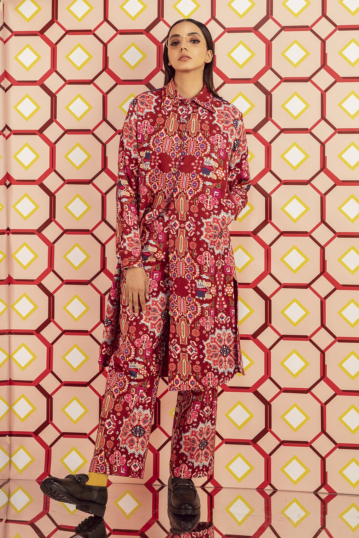Kashan Red Print Hand Embroidered Long Shirt & Pants in Handloom Organic Herringbone Cotton, BeTrue, Be True