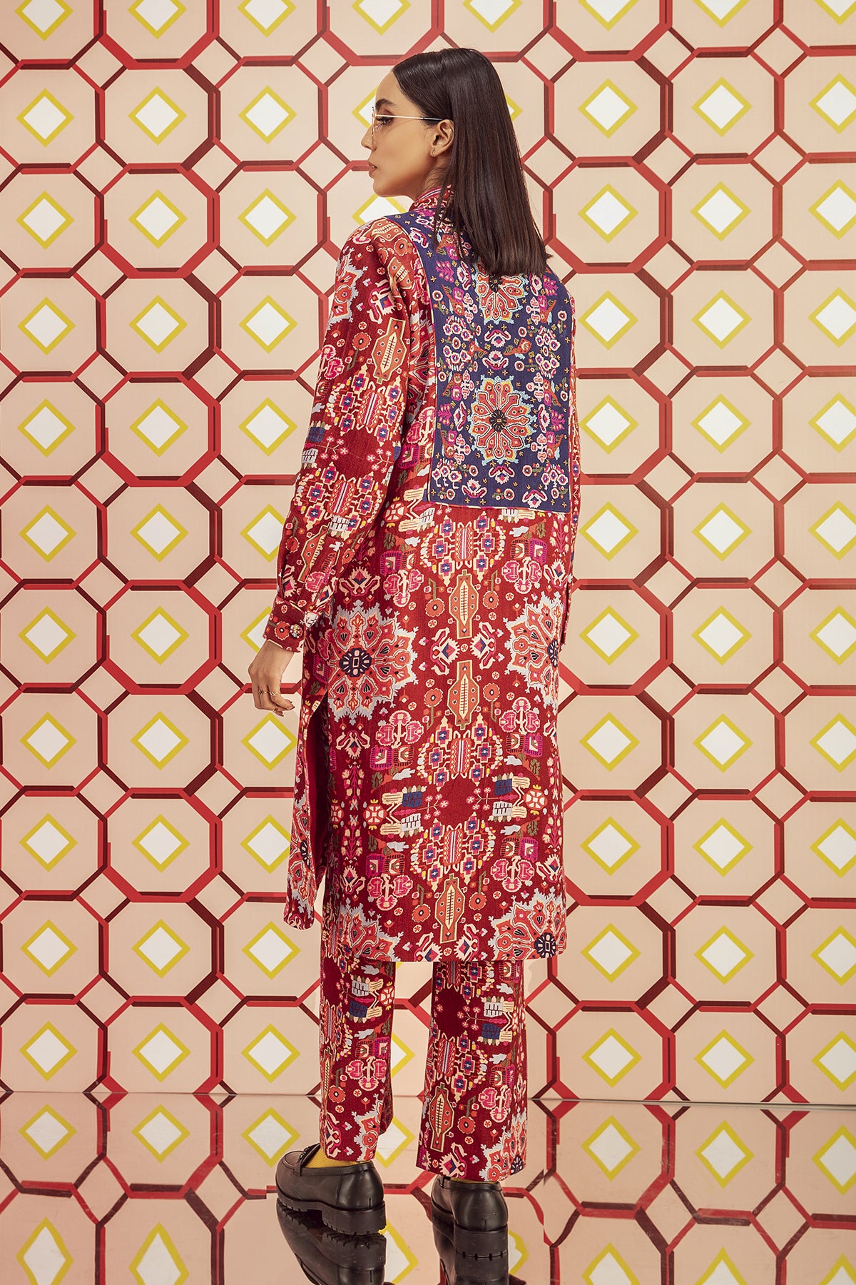 Kashan Red Print Hand Embroidered Long Shirt & Pants in Handloom Organic Herringbone Cotton, BeTrue, Be True