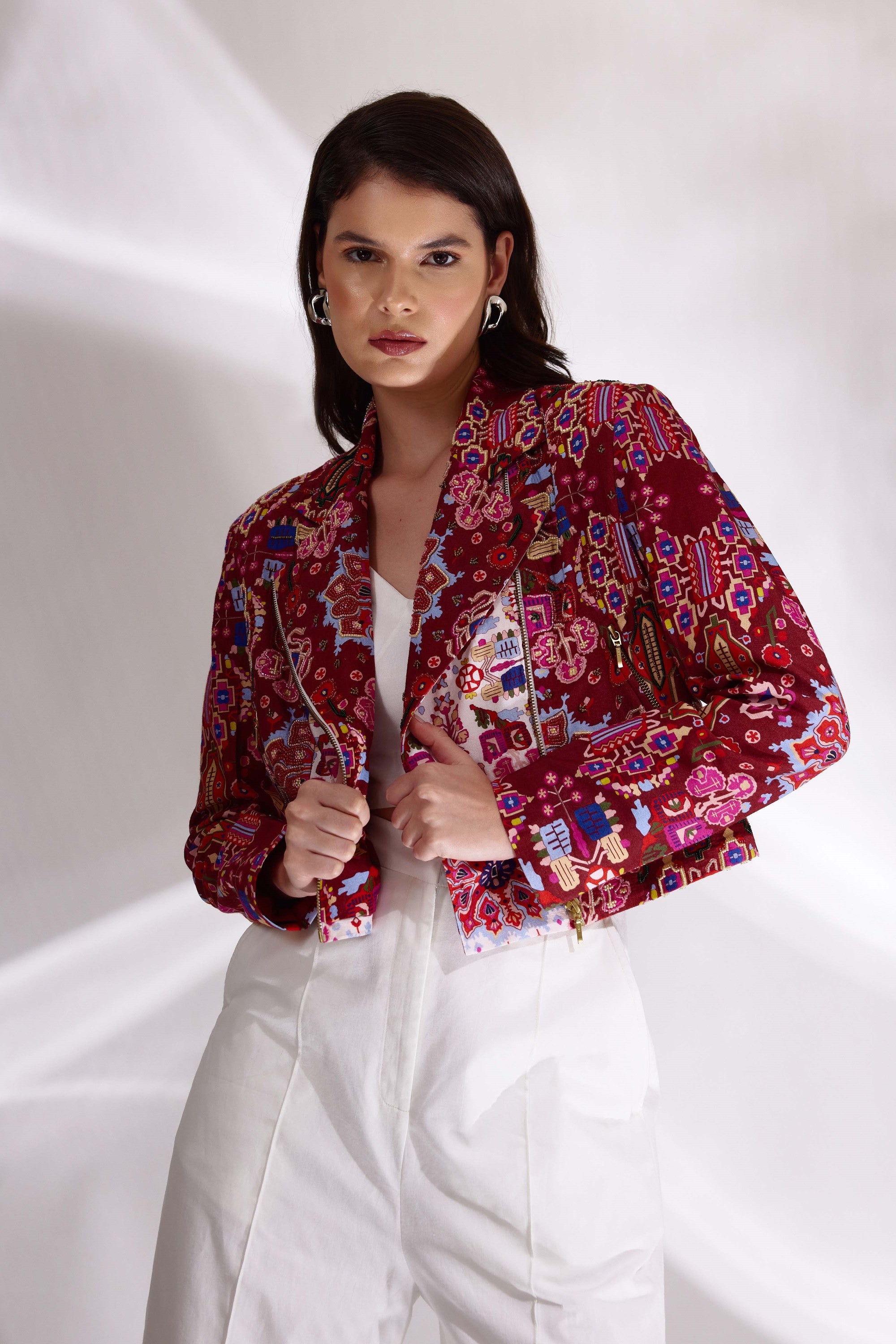Kashan White And Red Print Hand Embroidered Biker Jacket In Handloom Organic Cotton And Banana Silk, BeTrue, Be True