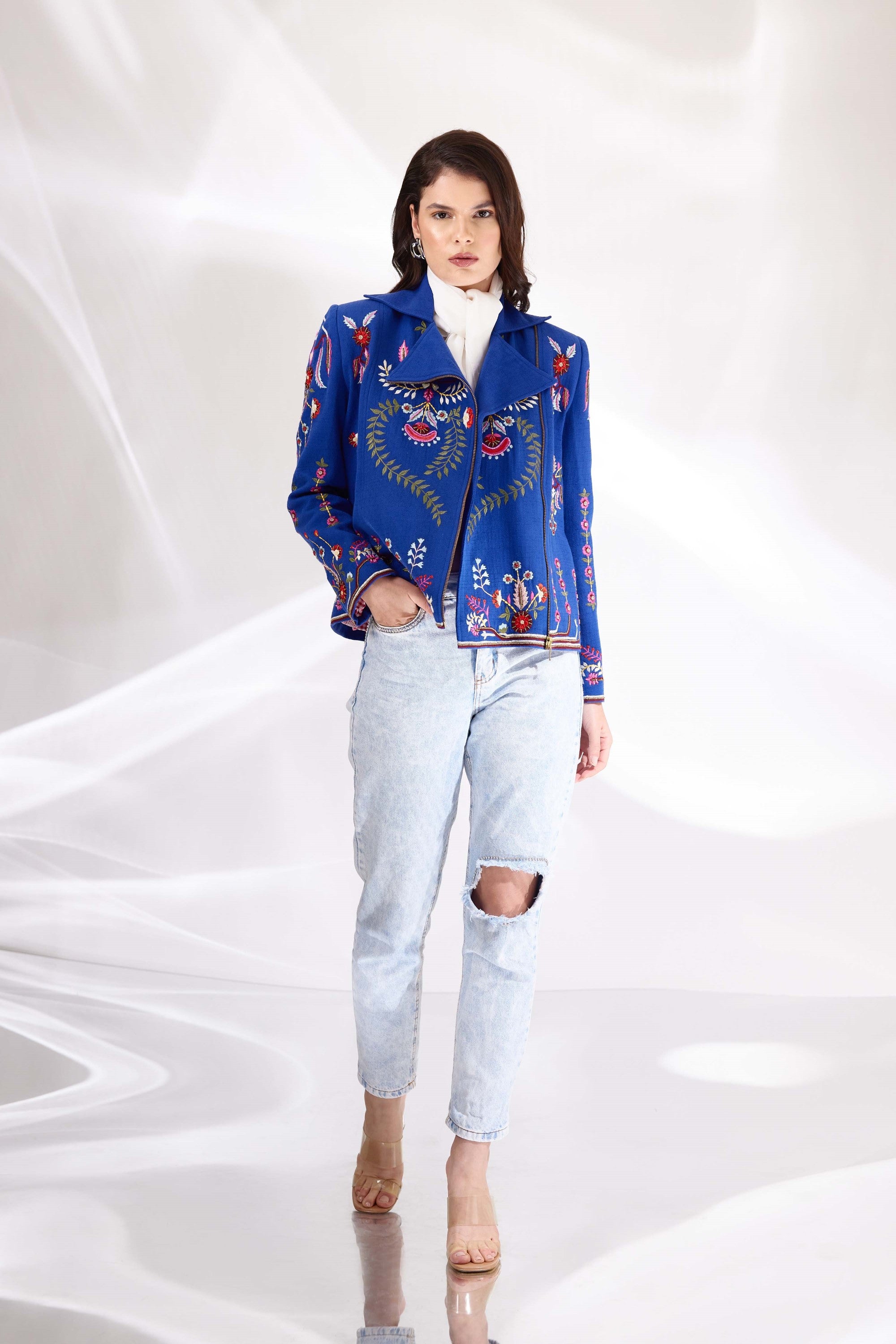 Royal Blue Embroidered Relaxed Biker in Handloom Herringbone Cotton, BeTrue, Be True