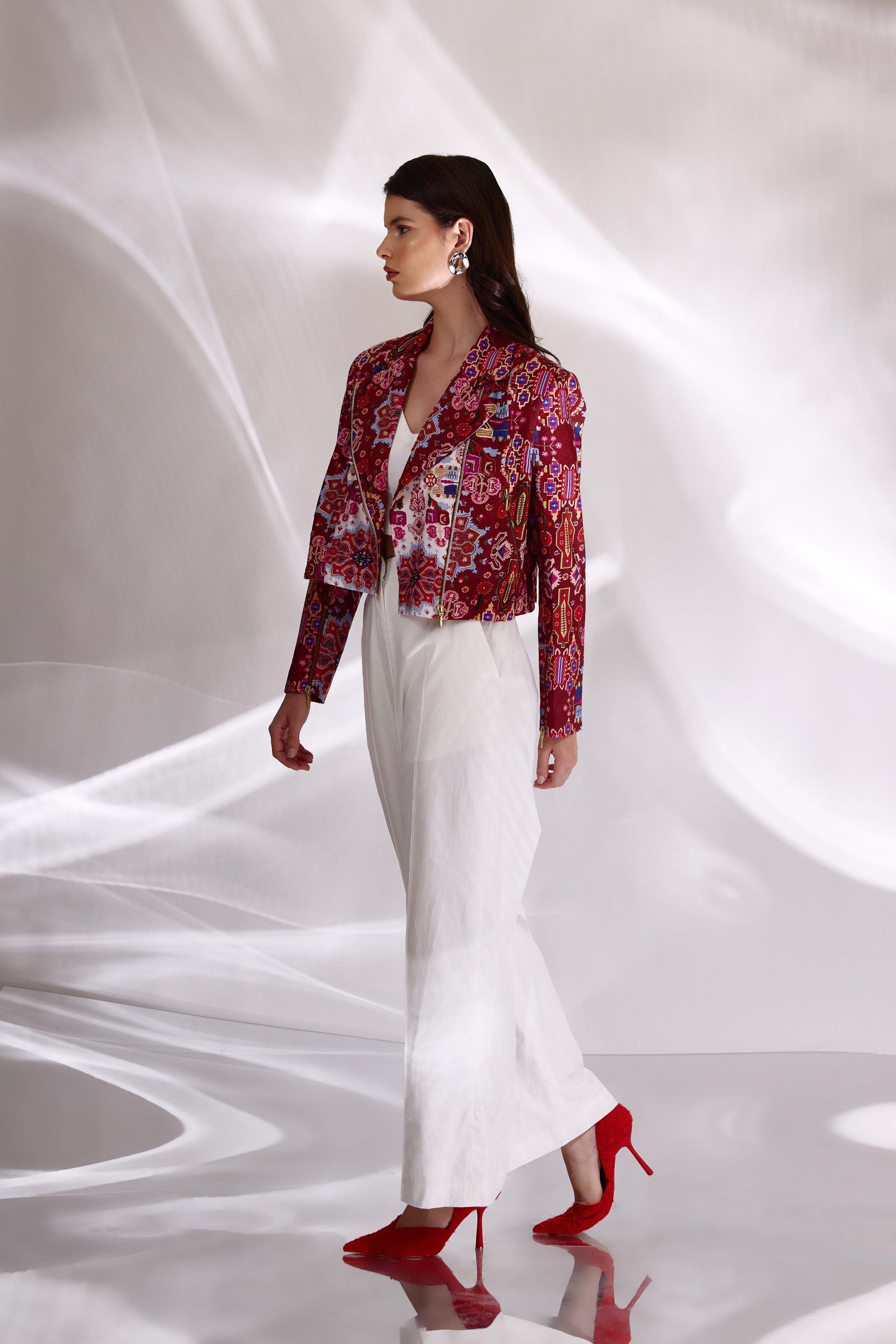 Kashan White And Red Print Hand Embroidered Biker Jacket In Handloom Organic Cotton And Banana Silk, BeTrue, Be True