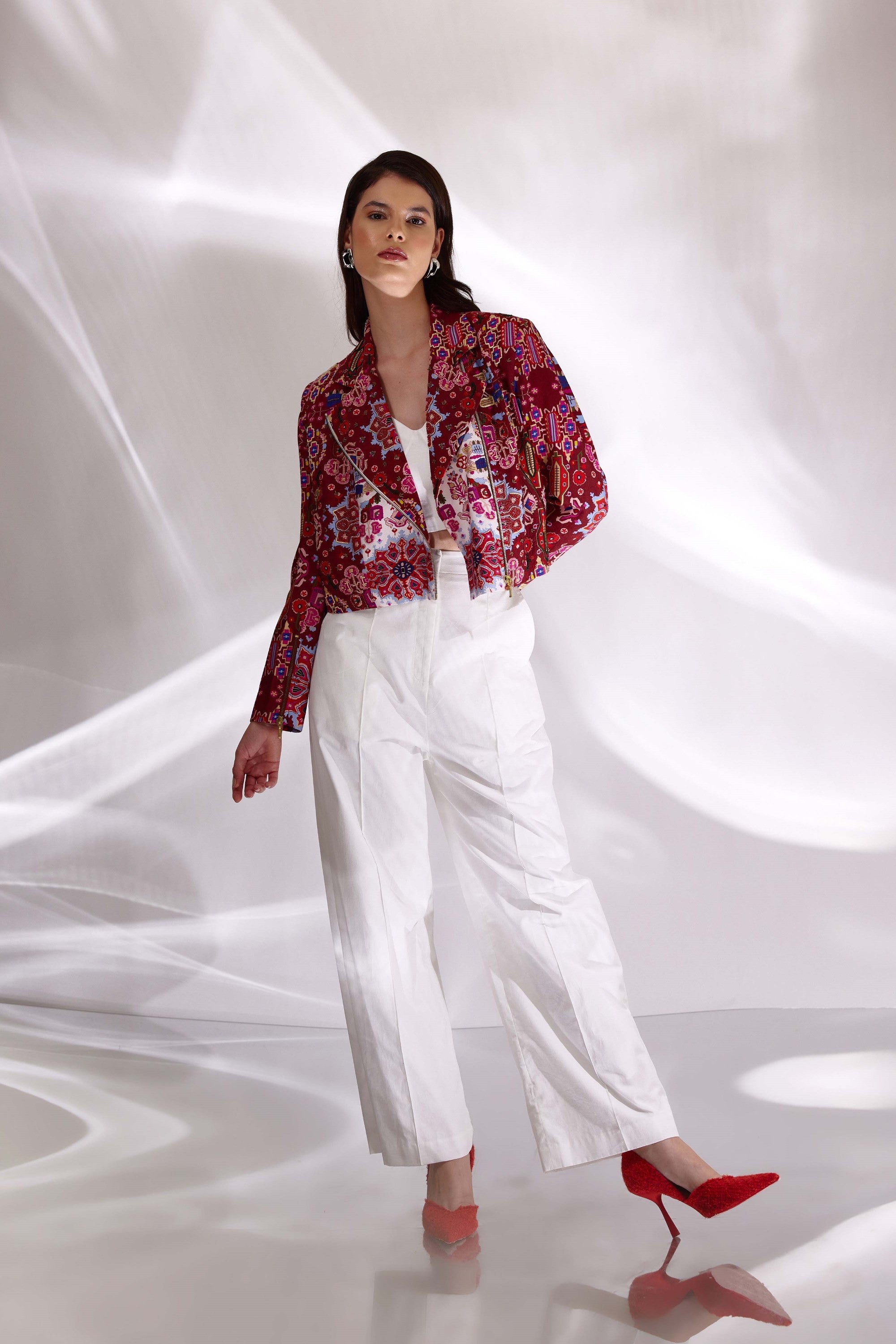 Kashan White And Red Print Hand Embroidered Biker Jacket In Handloom Organic Cotton And Banana Silk, BeTrue, Be True