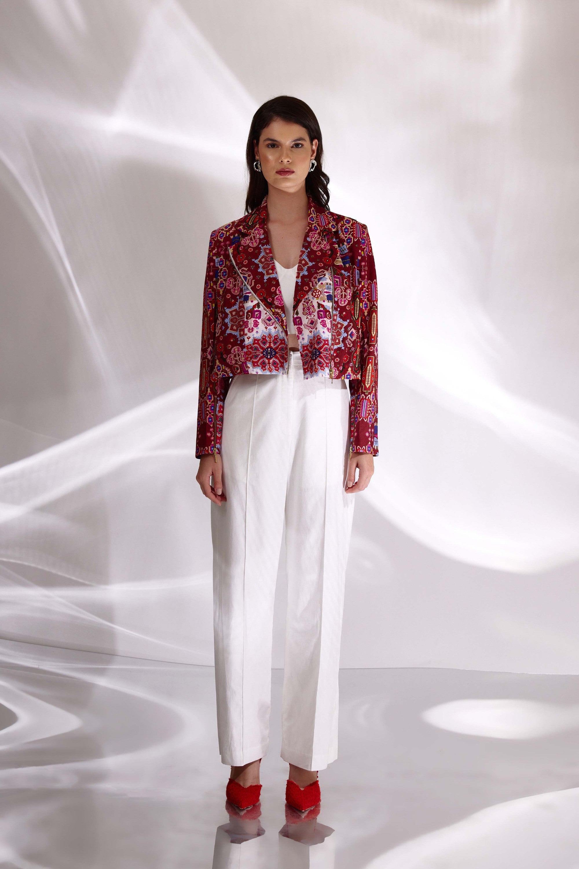 Kashan White And Red Print Hand Embroidered Biker Jacket In Handloom Organic Cotton And Banana Silk, BeTrue, Be True