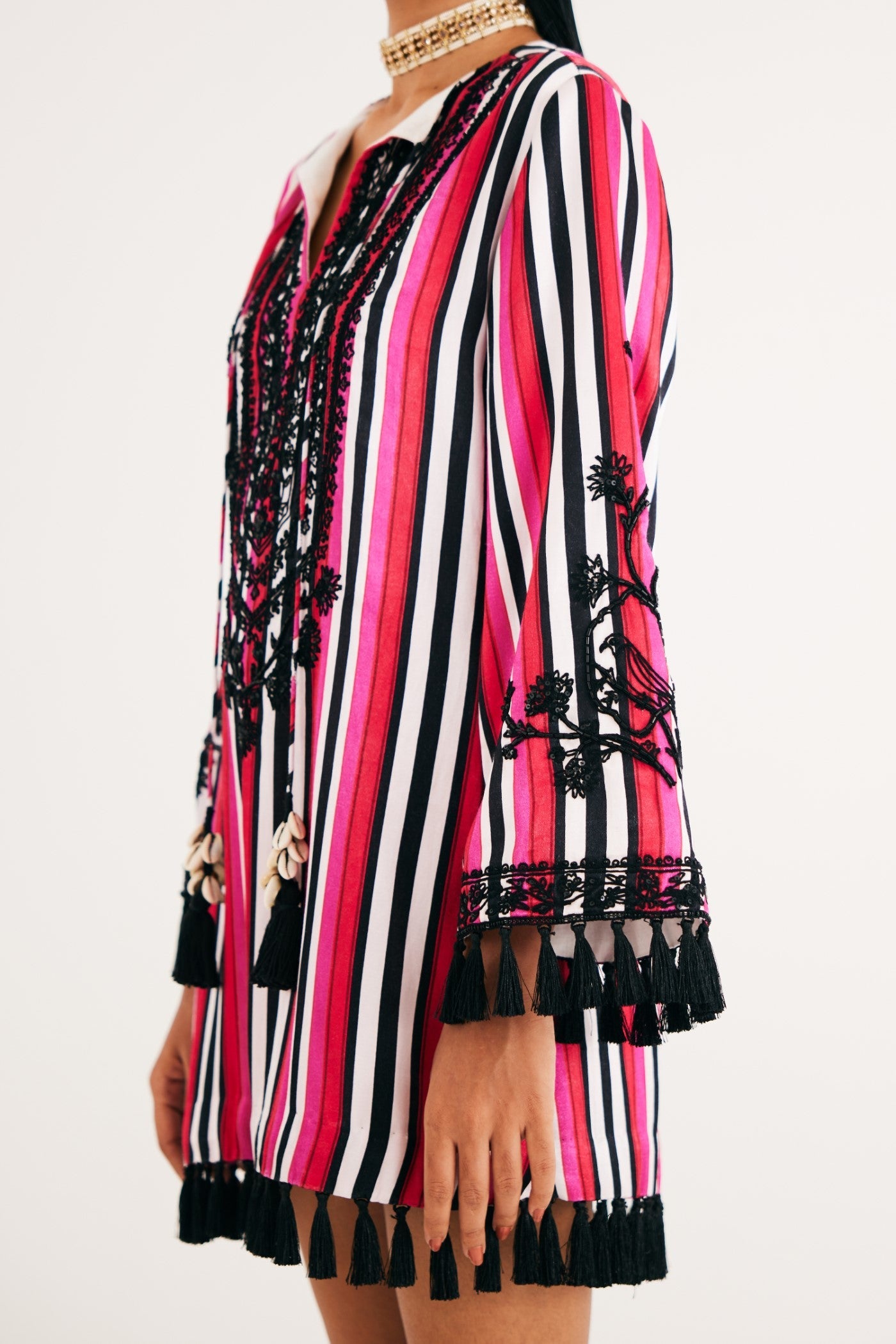 Rani pink Stripe Mashroo Satin Embroidered Tunic and Black Narrow Pants, Black Silk Velvet Narrow Pants, Mashru cotton satin fabric, Flared sleeves with tassels Hand embroidered with sequins, Tassle at sleeves, BeTrue, Be True