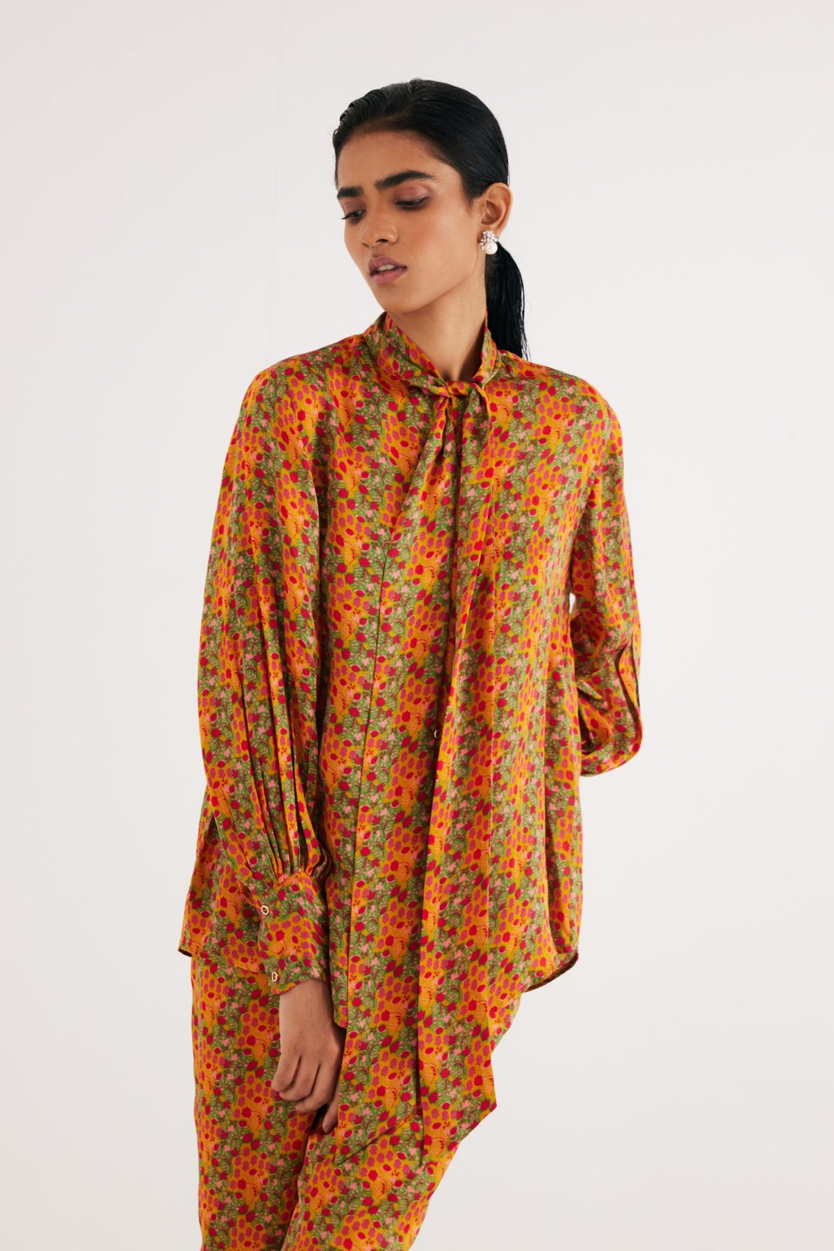 Indian Yellow Satin Silk Printed Shirt and Straight Pants, Indian Yellow Floral Print Satin Silk Straight Pants, Manderian collar style with extended tieup, BeTrue, Be True