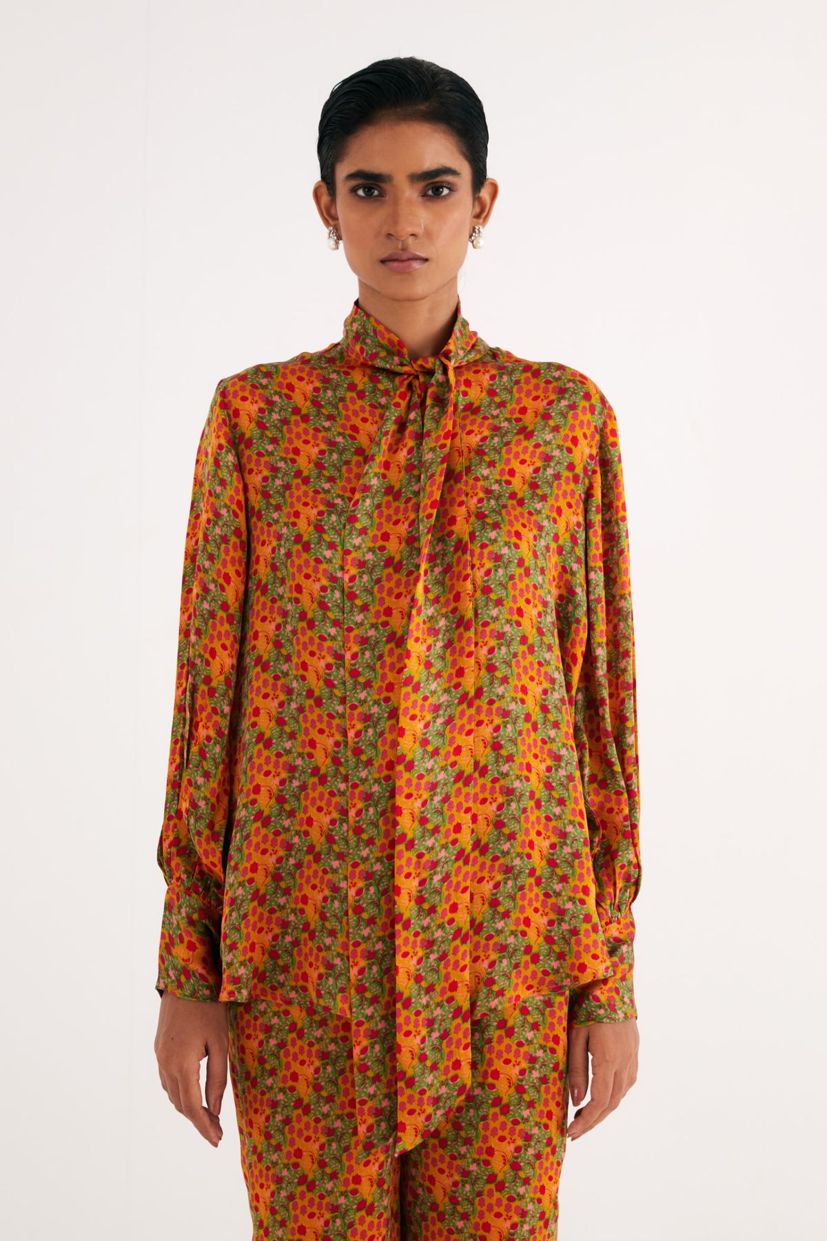 Indian Yellow Satin Silk Printed Shirt and Straight Pants, Indian Yellow Floral Print Satin Silk Straight Pants, Manderian collar style with extended tieup, BeTrue, Be True