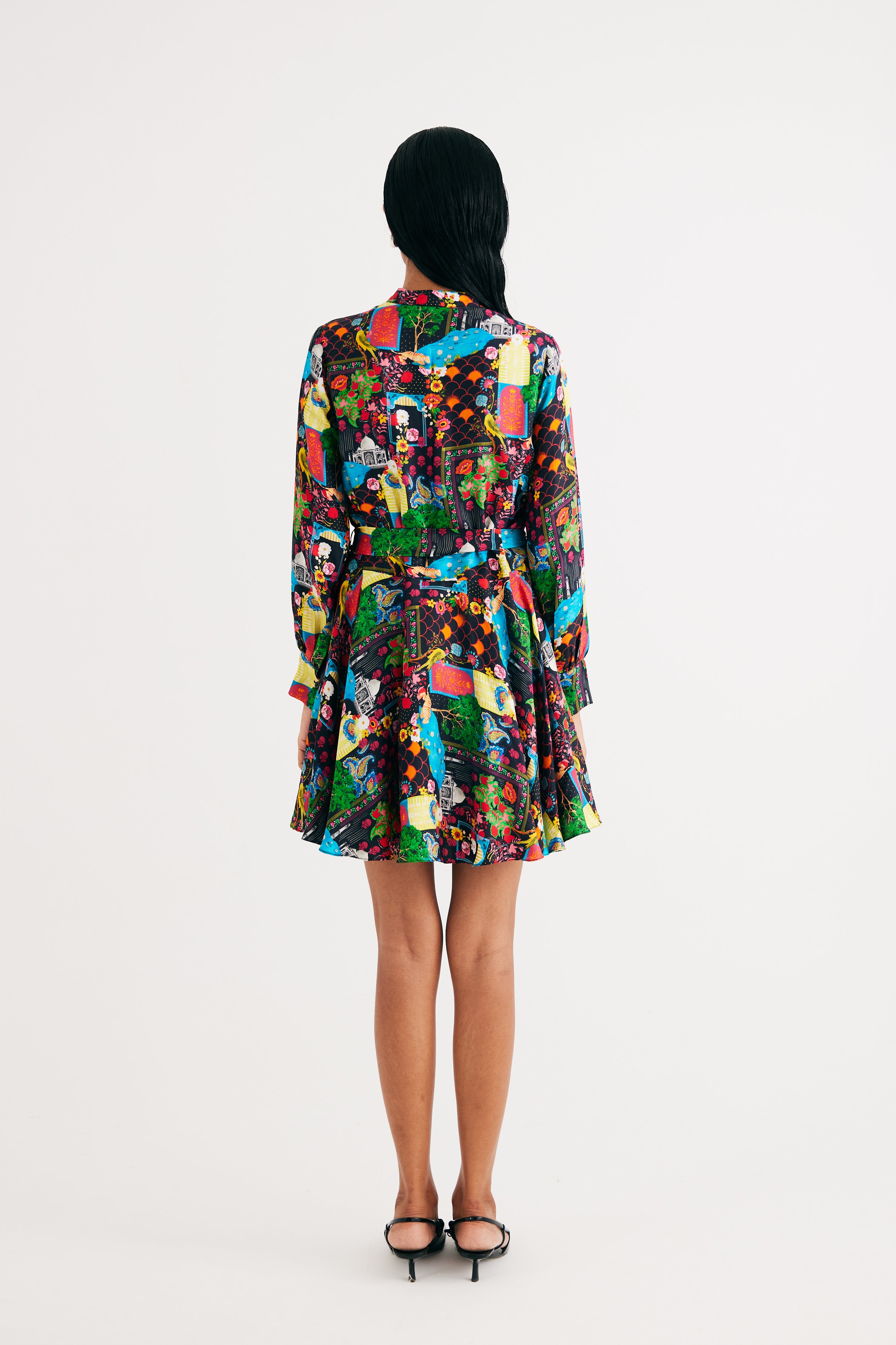 Black India Print Short Dress