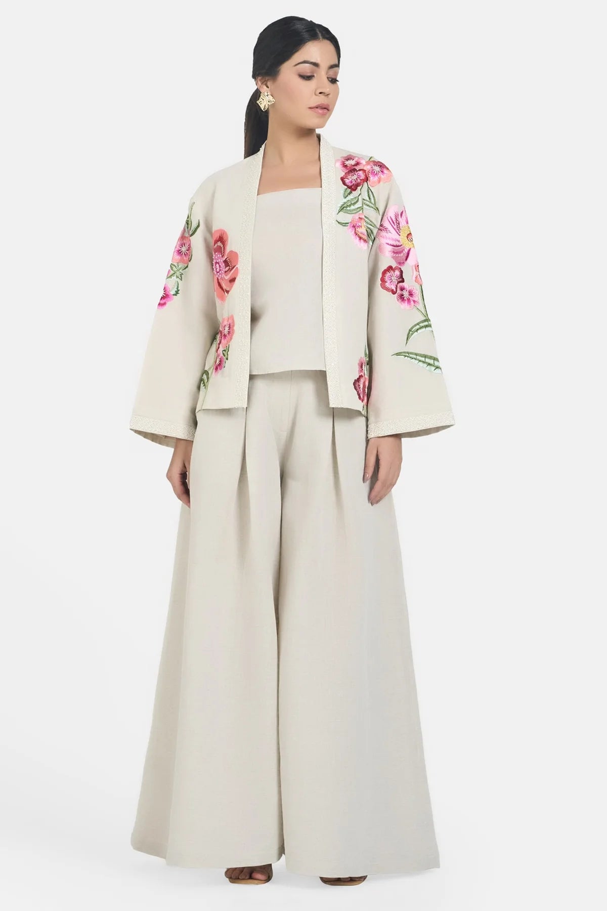 Beige Linen Embroidery Floral Jacket Set