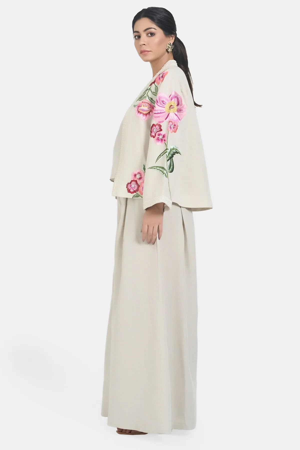 Beige Linen Embroidery Floral Jacket Set