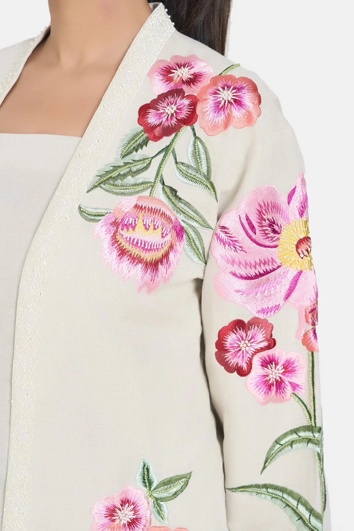 Beige Linen Embroidery Floral Jacket Set