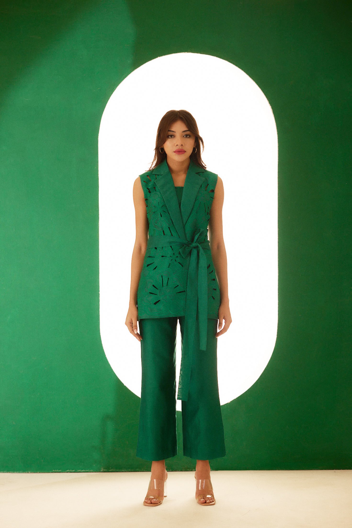 Emerald Green Embroidered Cutwork Bloom Jacket Set