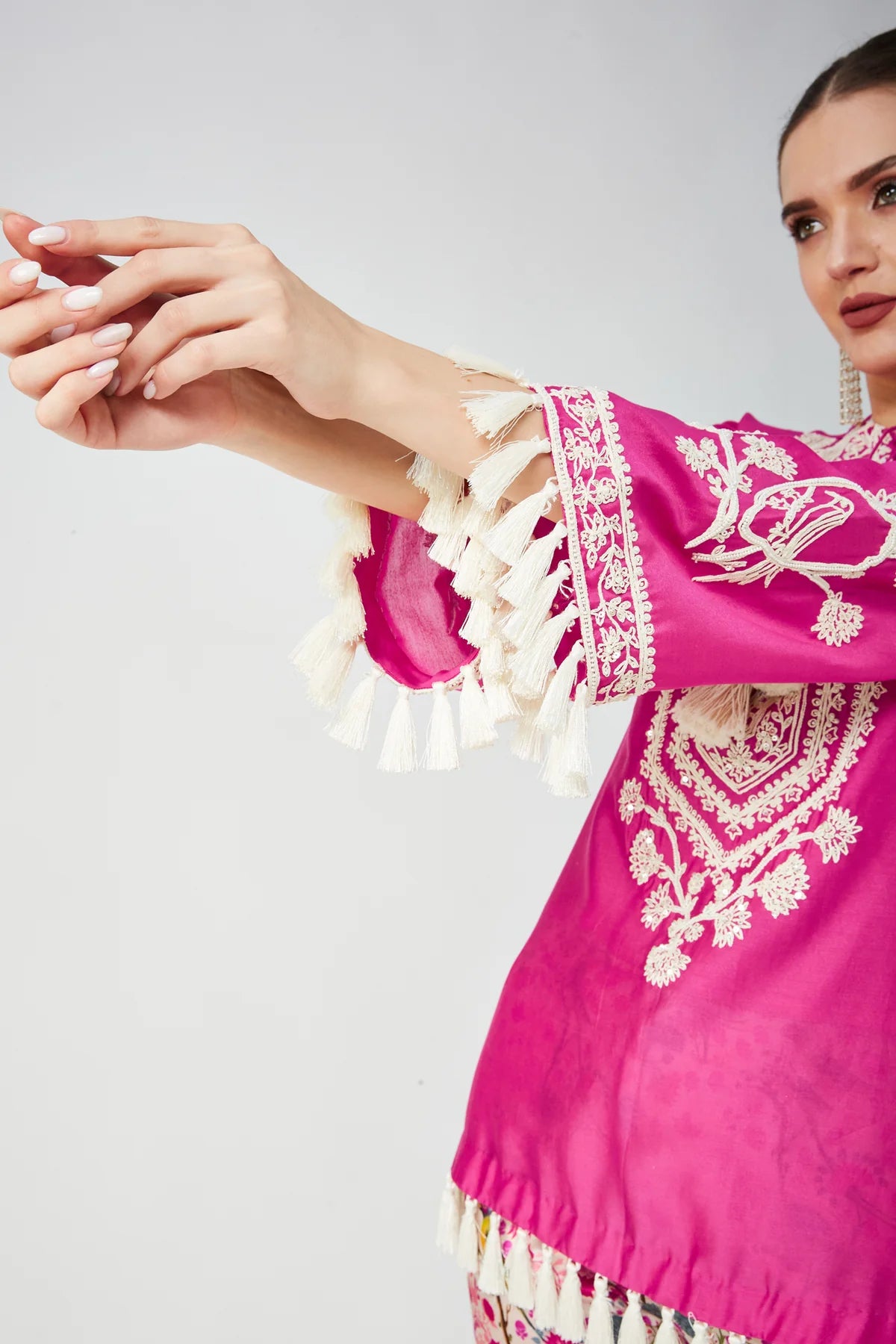 Rani Pink Chanderi Silk Embroidered Kurta Shirt & Pant Set