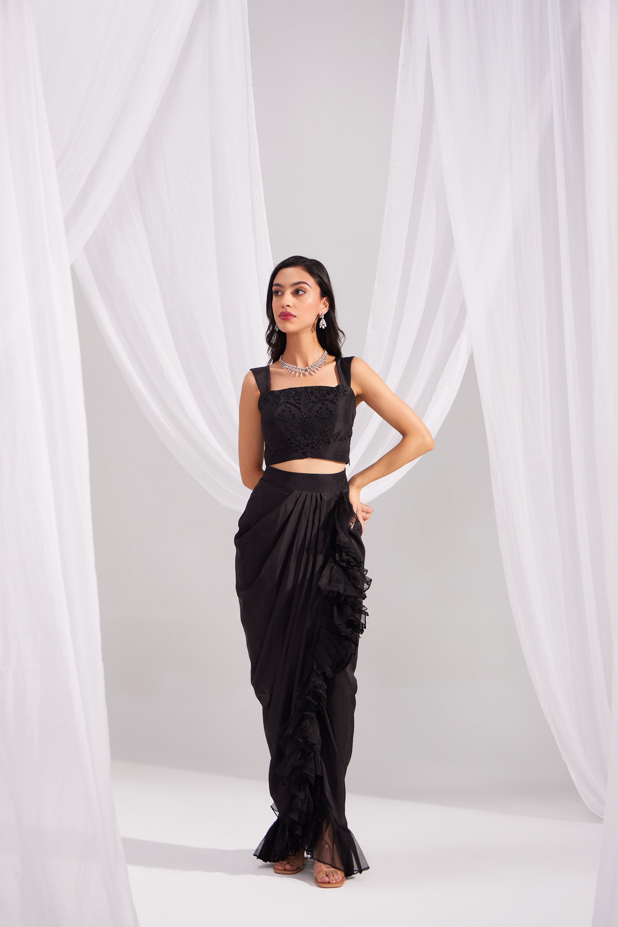 Black Organza Mughal Embroidered Jacket Set