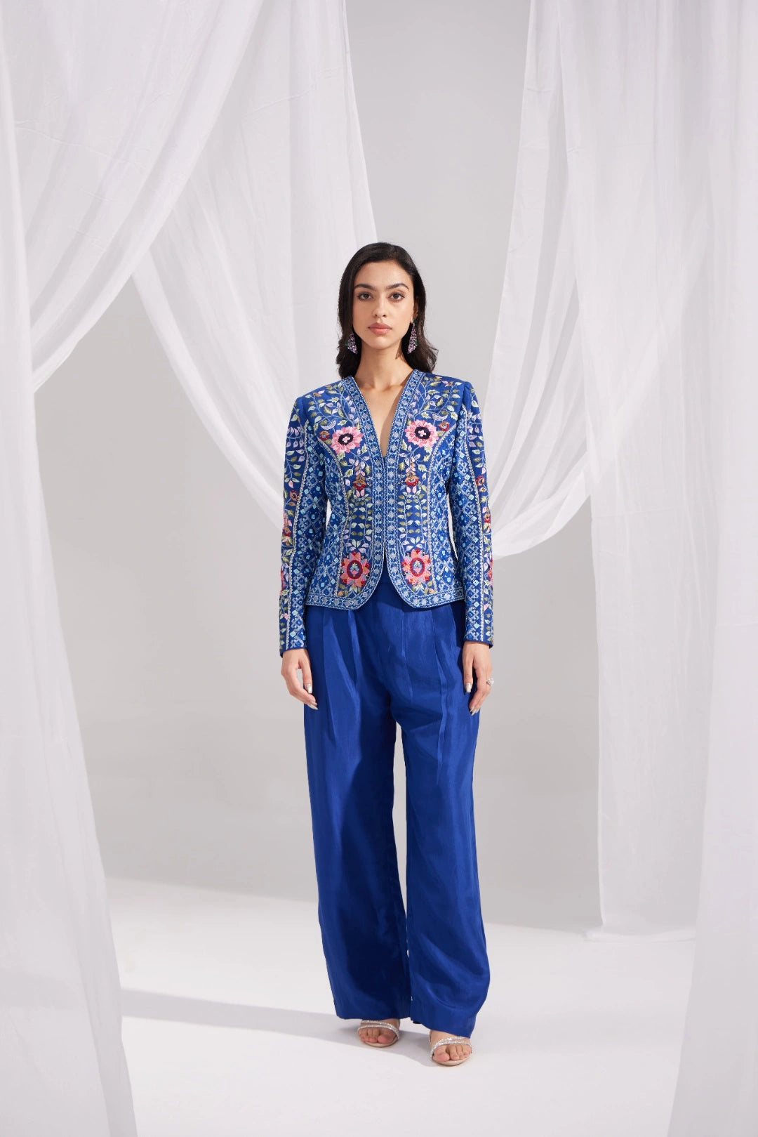 Royal Blue Gardenia Short Embroidered Silk Jacket Set