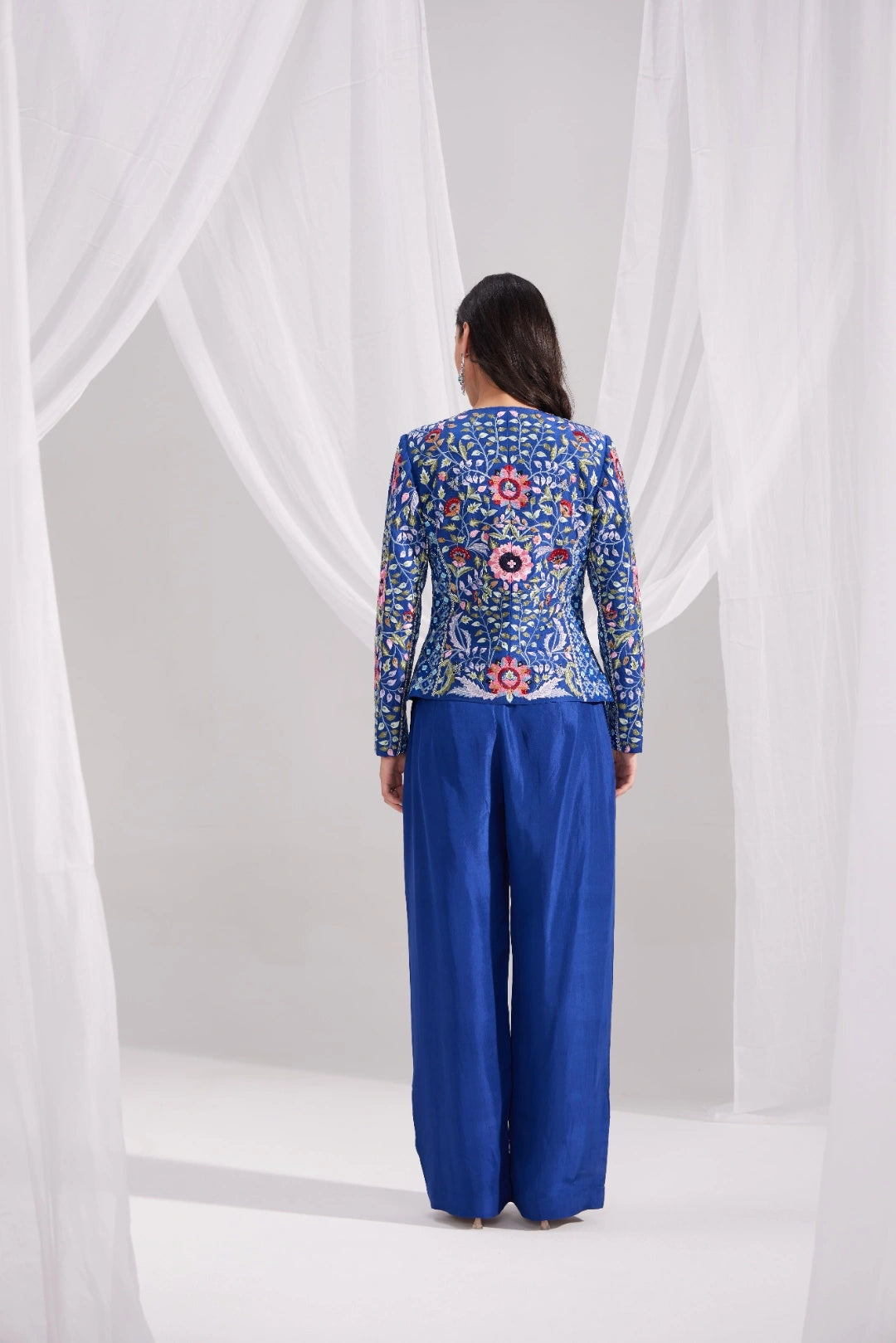 Royal Blue Gardenia Short Embroidered Silk Jacket Set