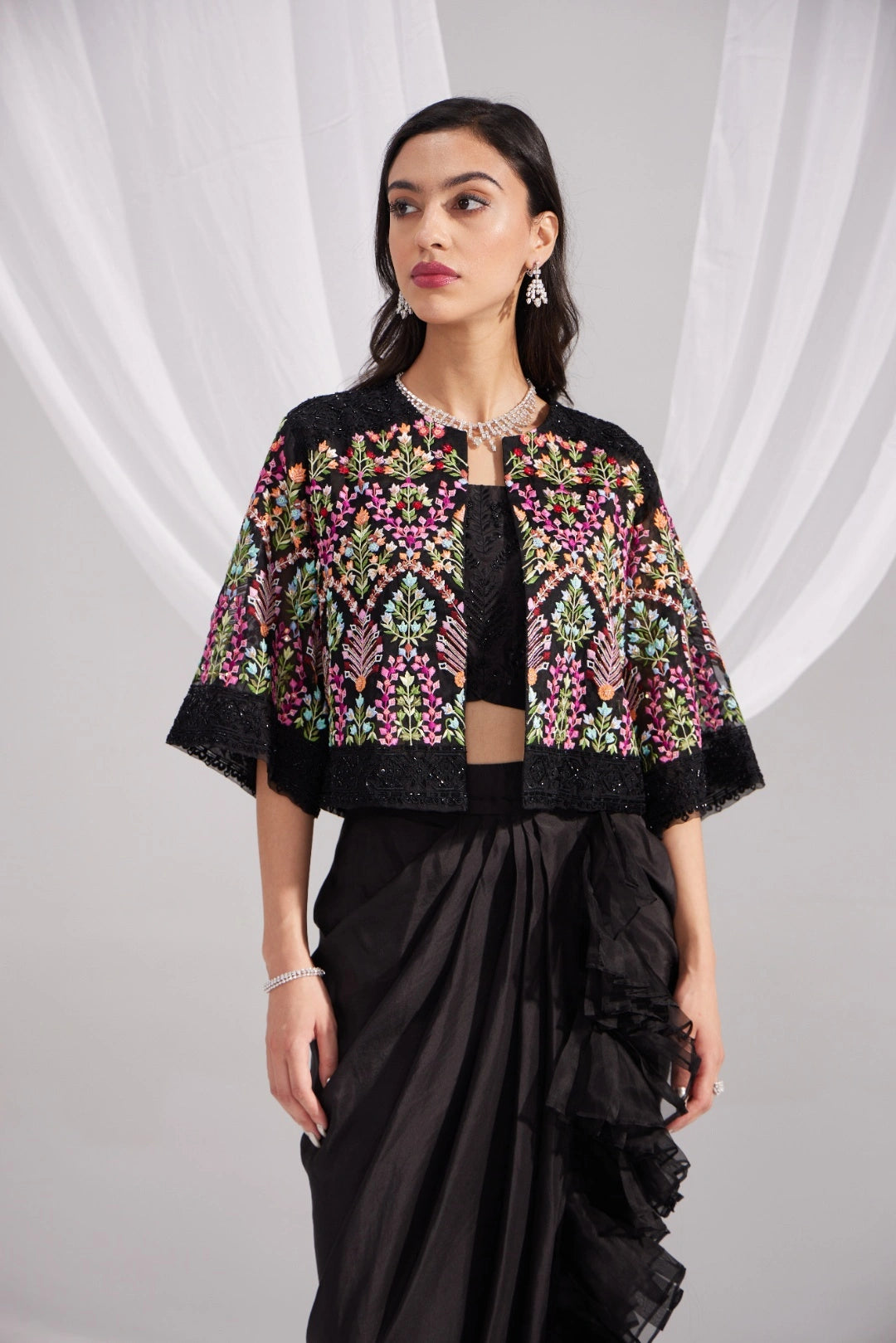 Black Organza Mughal Embroidered Jacket Set