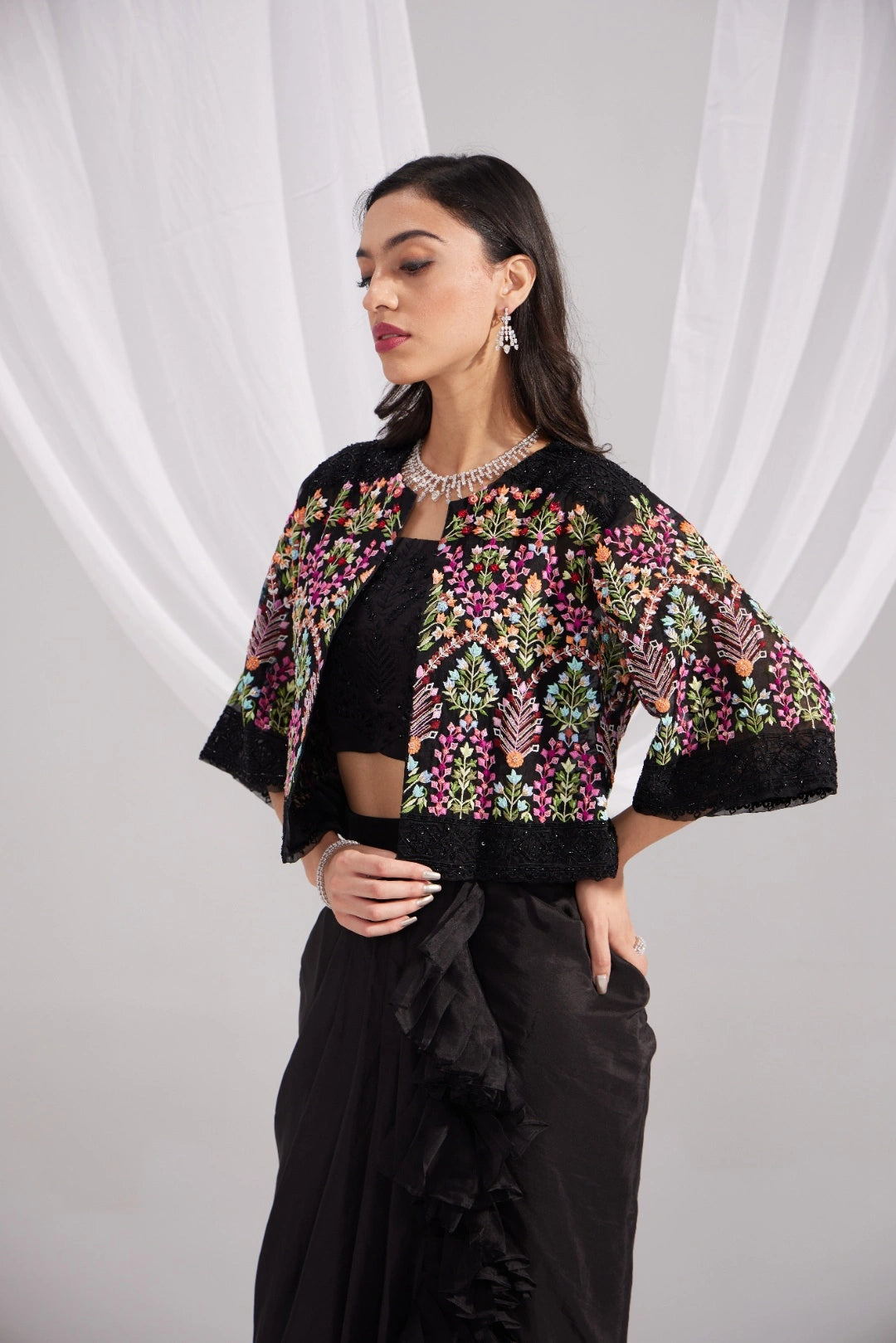 Black Organza Mughal Embroidered Jacket Set