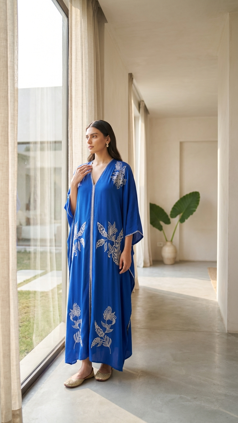 Silk hand emroidered cape sleeve dress